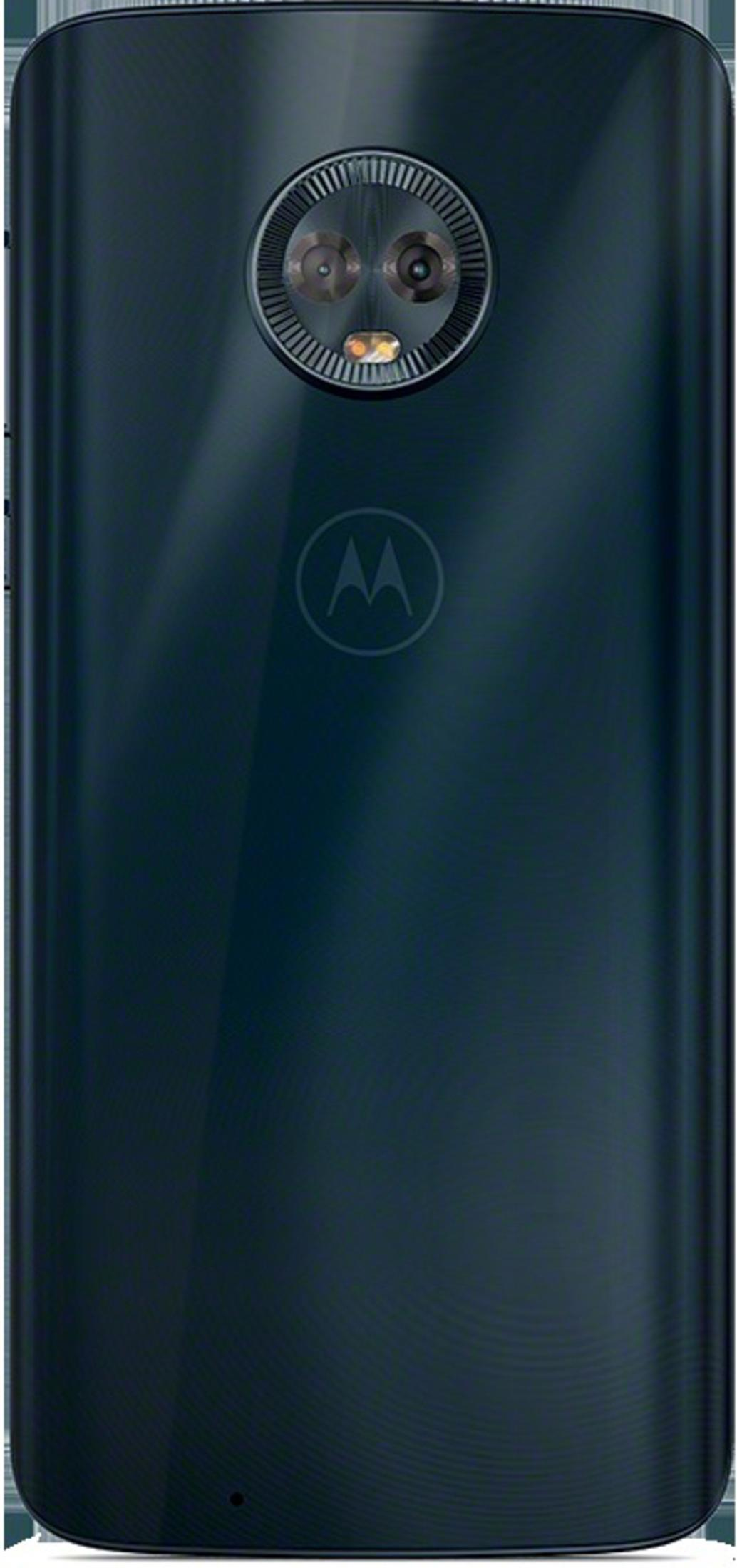 Ciemnoniebieski tył smartfona z podwójnym obiektywem i logo Motoroli.