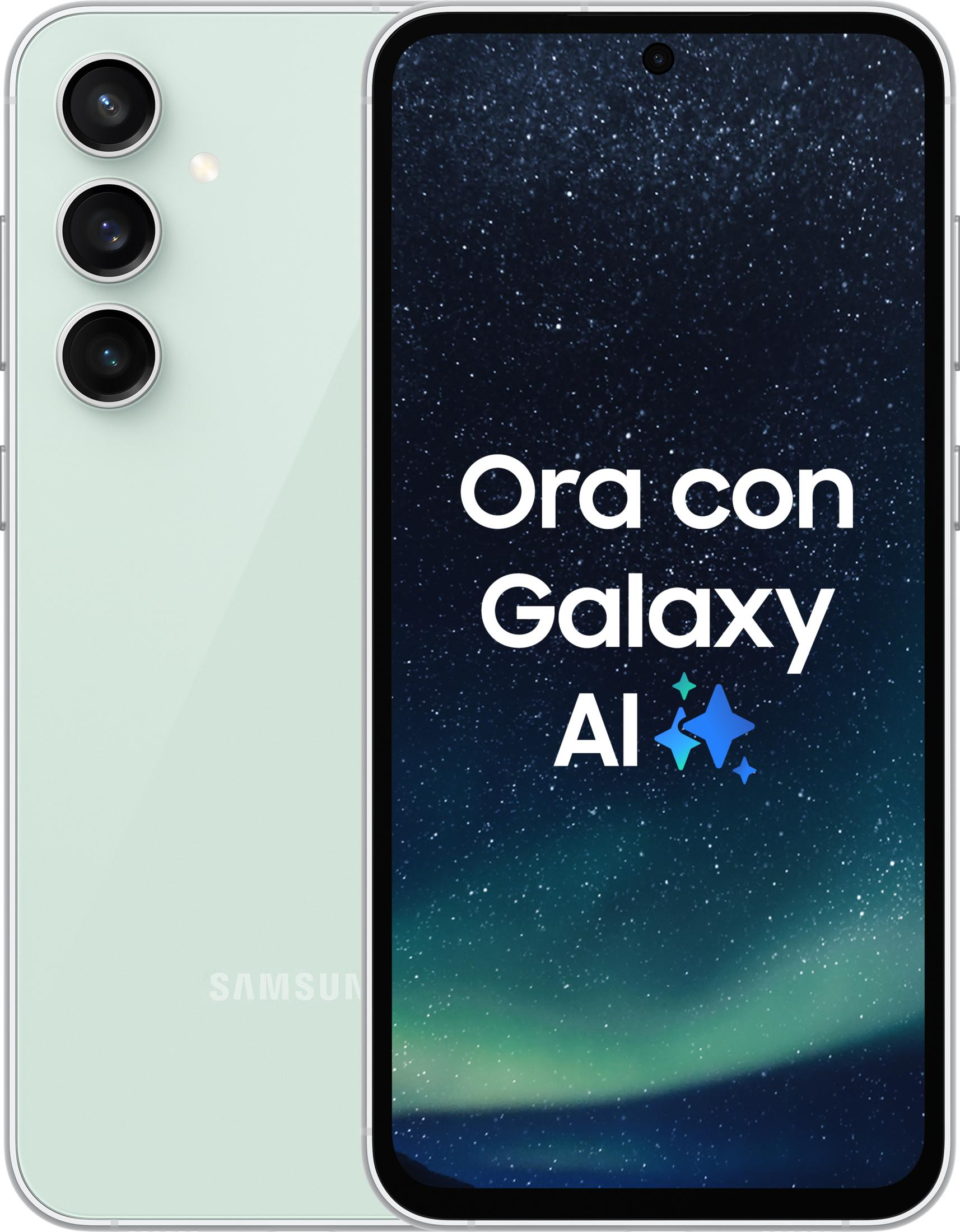 Jasnozielony smartfon z trzema aparatami i wyświetlaczem z gwieździstym niebem.