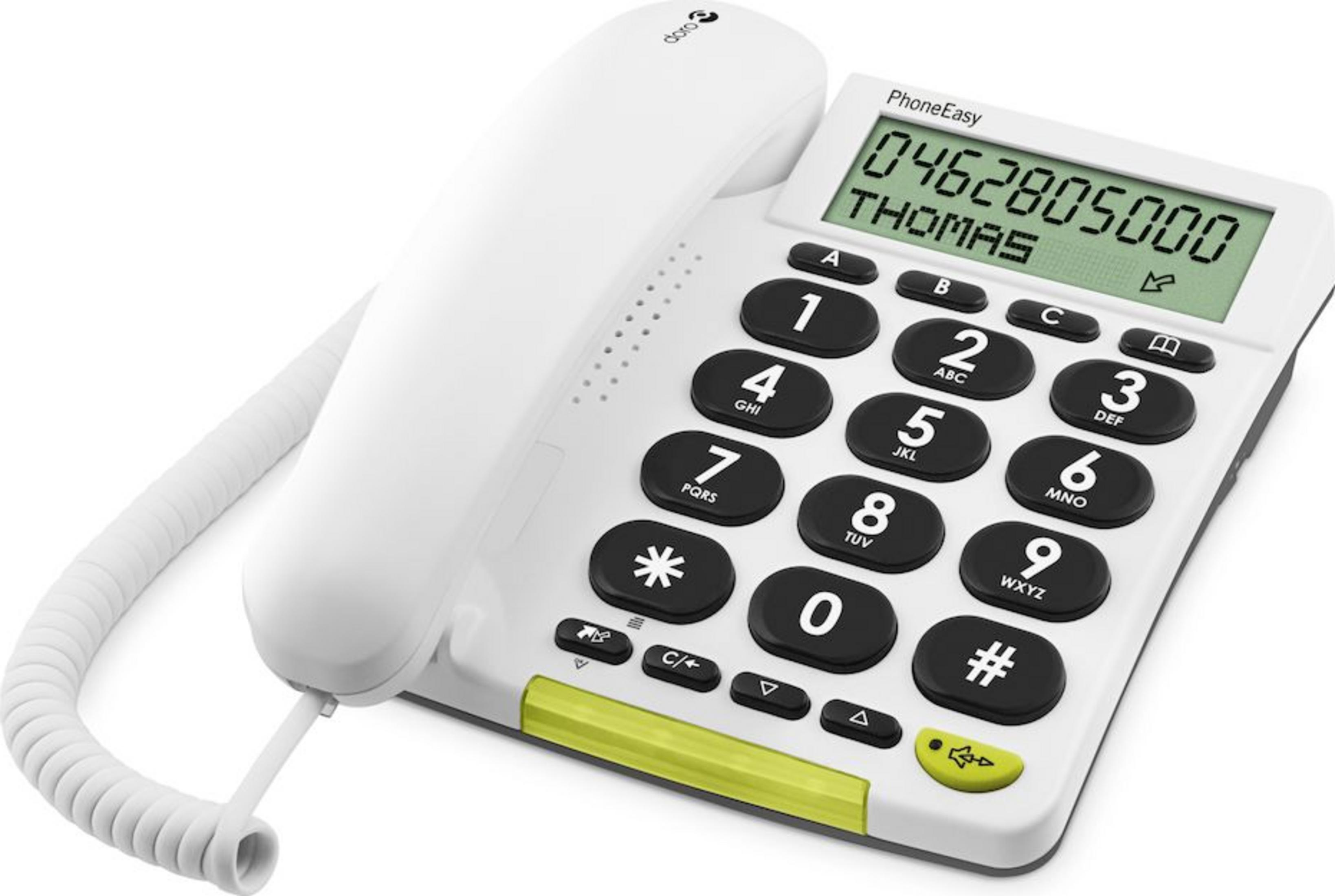 Ein weißes Doro PhoneEasy-Telefon mit großem Display und Tasten.