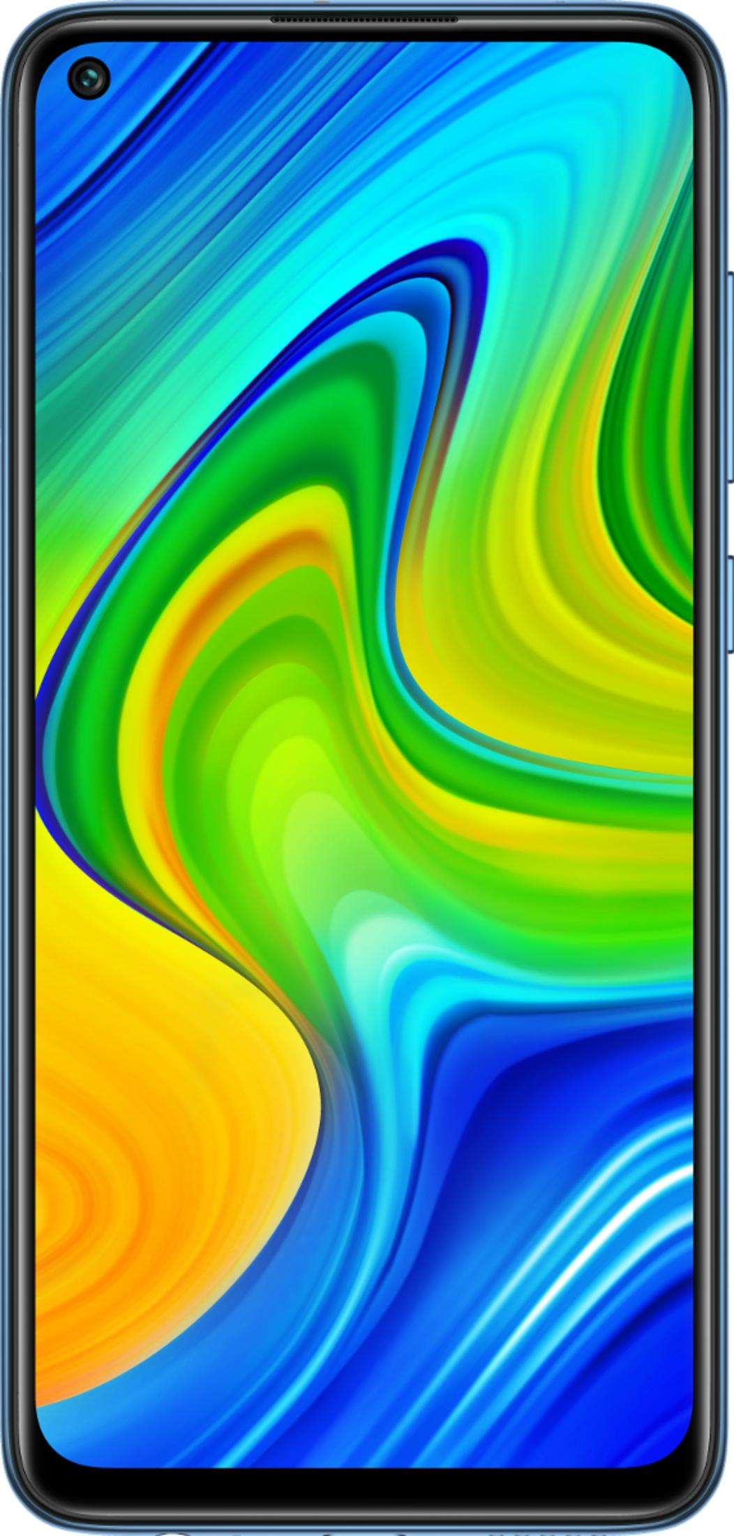 Ein blaues Smartphone mit einem bunten, fließenden Hintergrundbild.