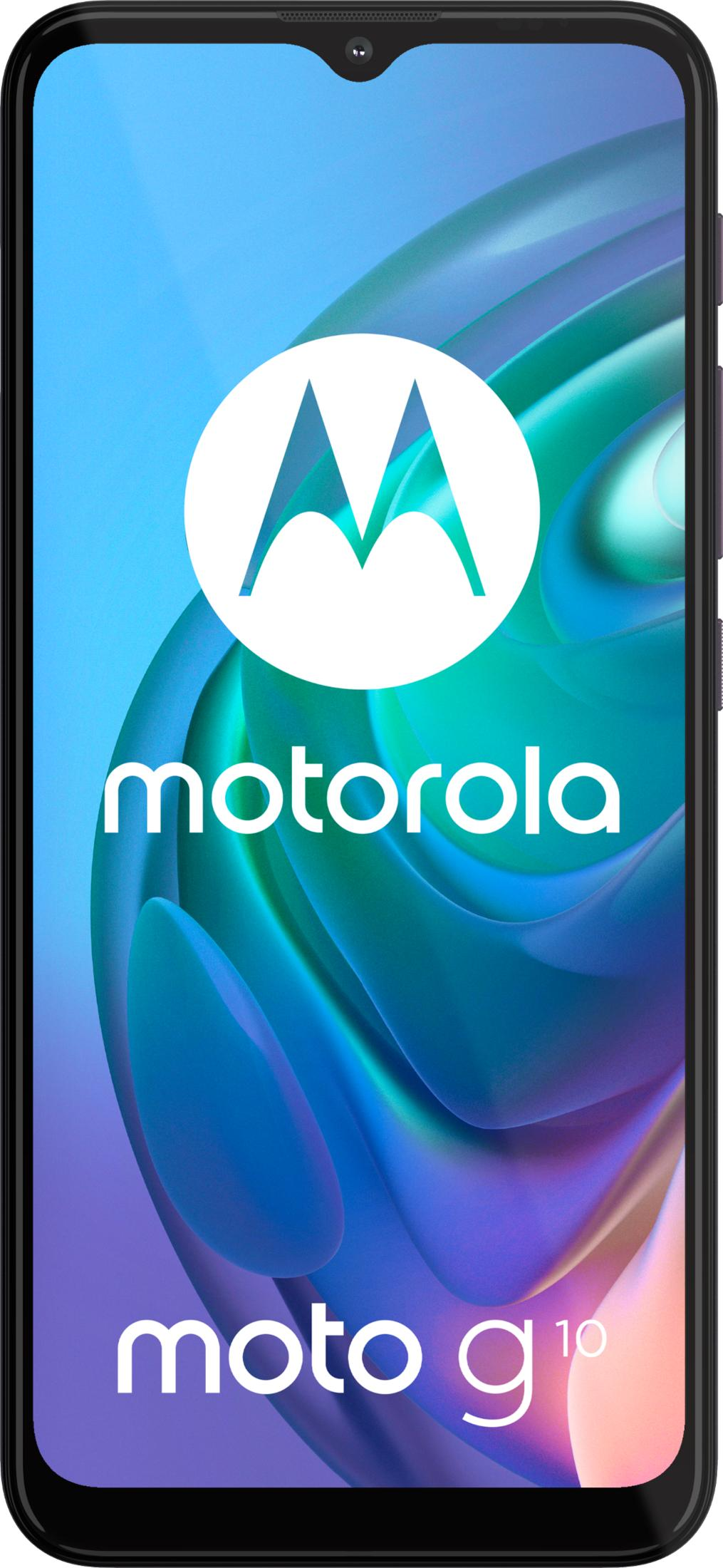 Uno smartphone Motorola Moto G10 con sfondo blu-verde e logo.
