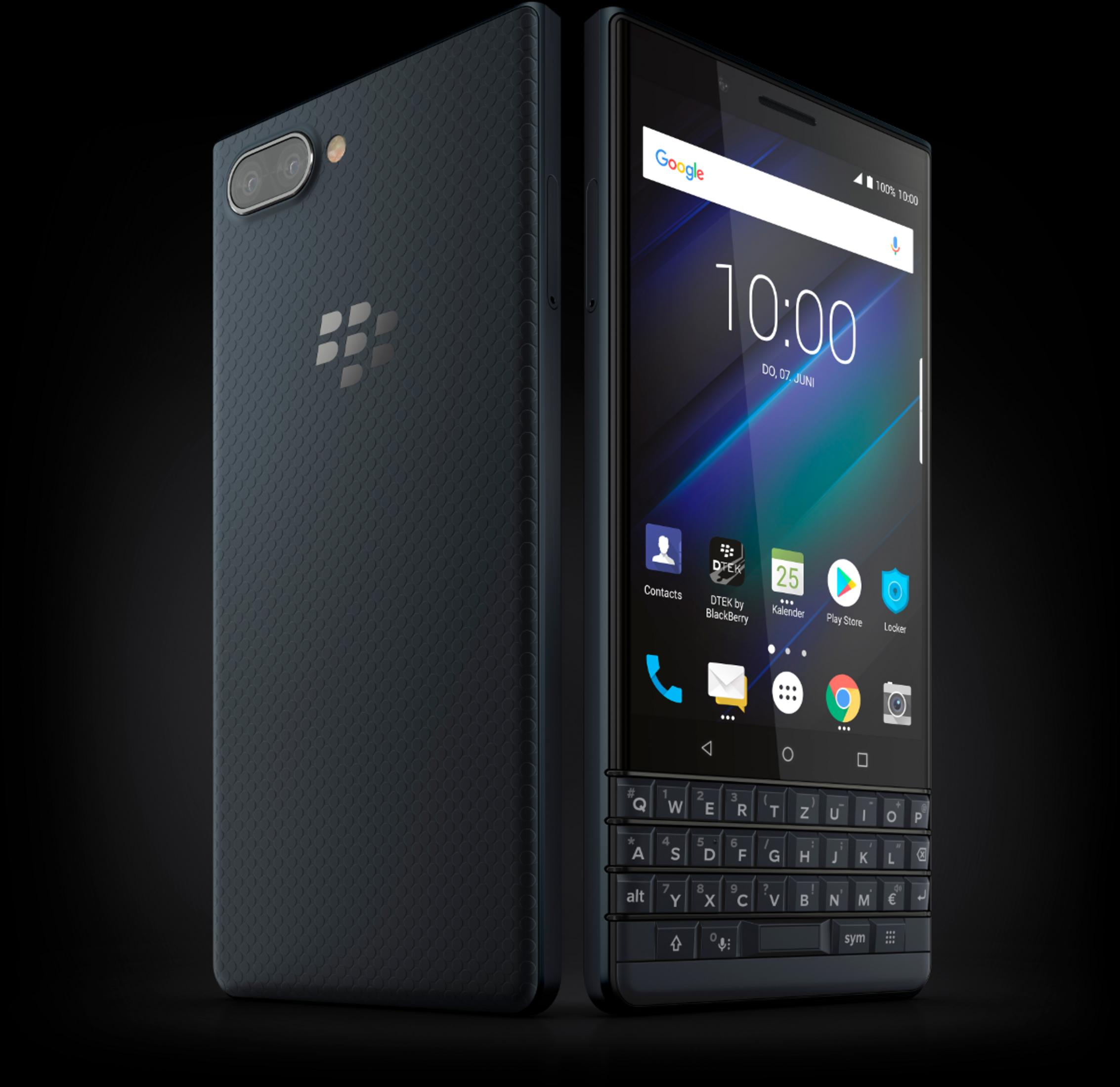 Ein schwarzes BlackBerry-Smartphone mit physischer Tastatur und zwei Kameras.