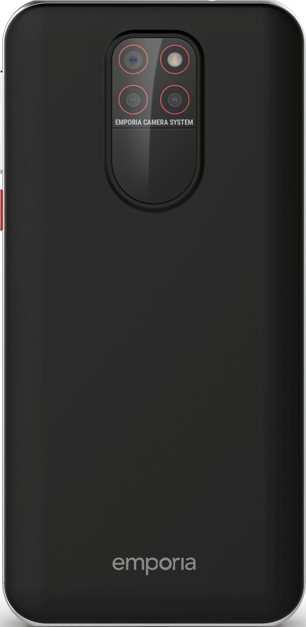 Schwarzes Smartphone mit vier Kamerasystemen und Emporia-Logo.