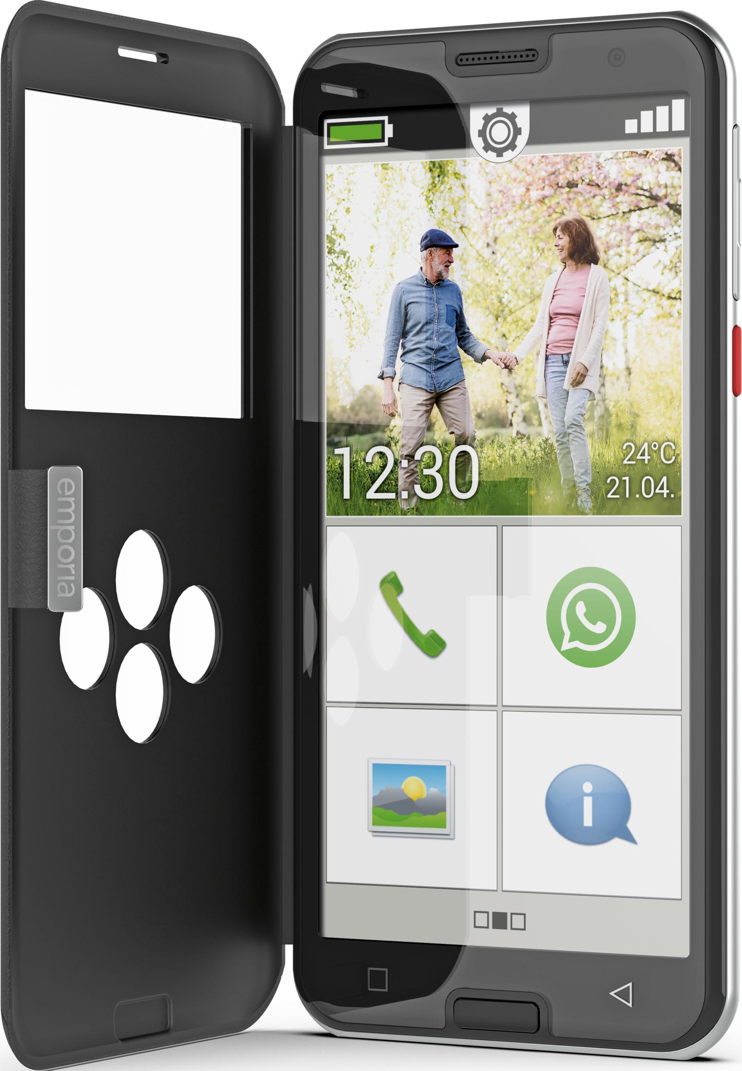 Ein Smartphone mit offenem Klappdeckel zeigt ein Paar, das Händchen hält.
