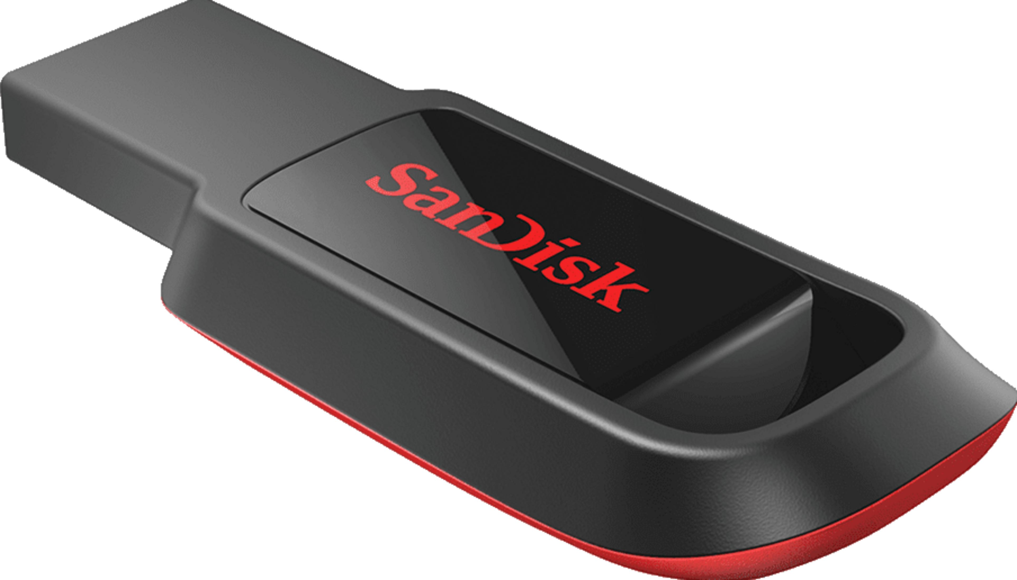Clé USB SanDisk noire avec bordure rouge.