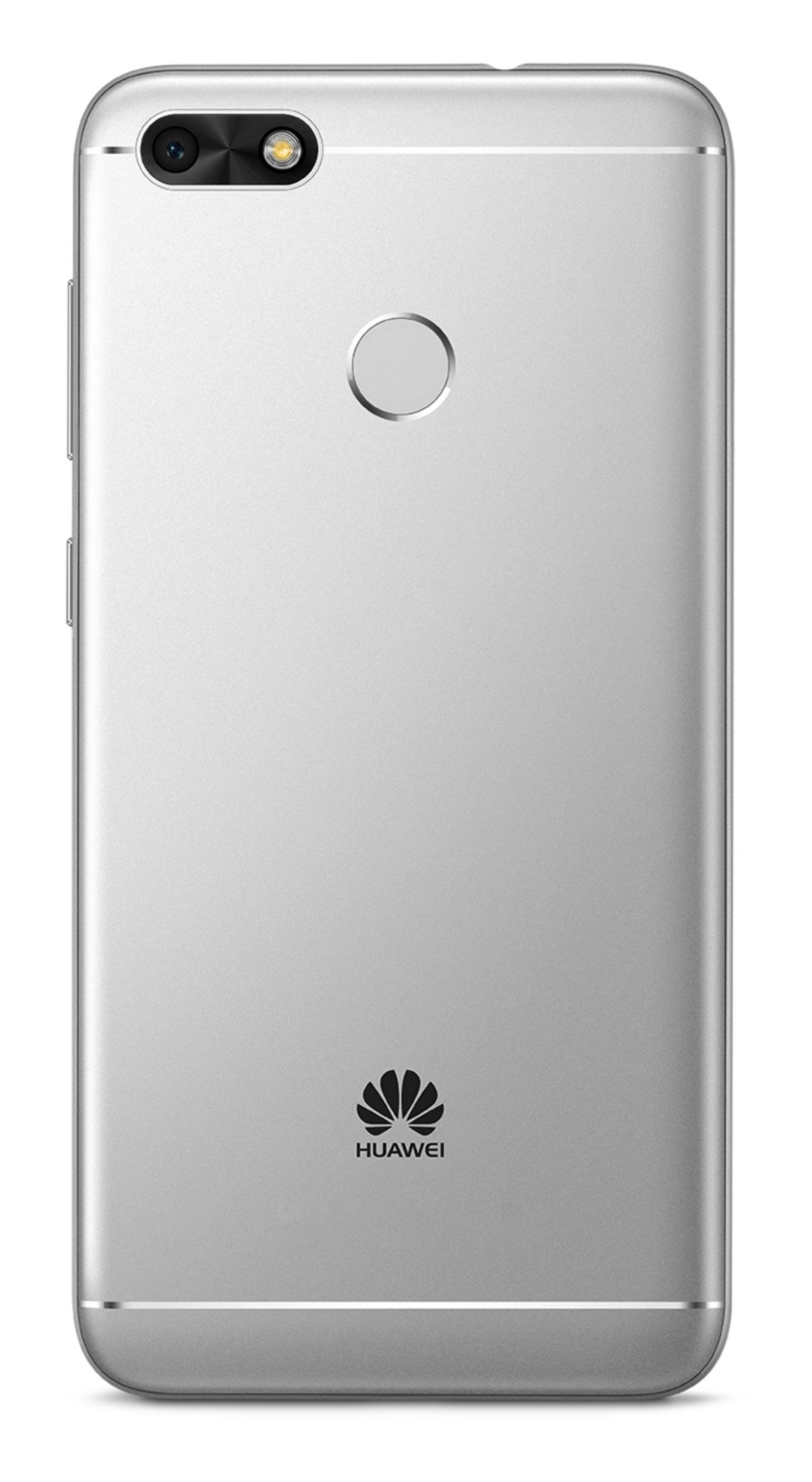 Rückseite eines silbernen Huawei Smartphones mit zwei Kameras und Fingerabdrucksensor.