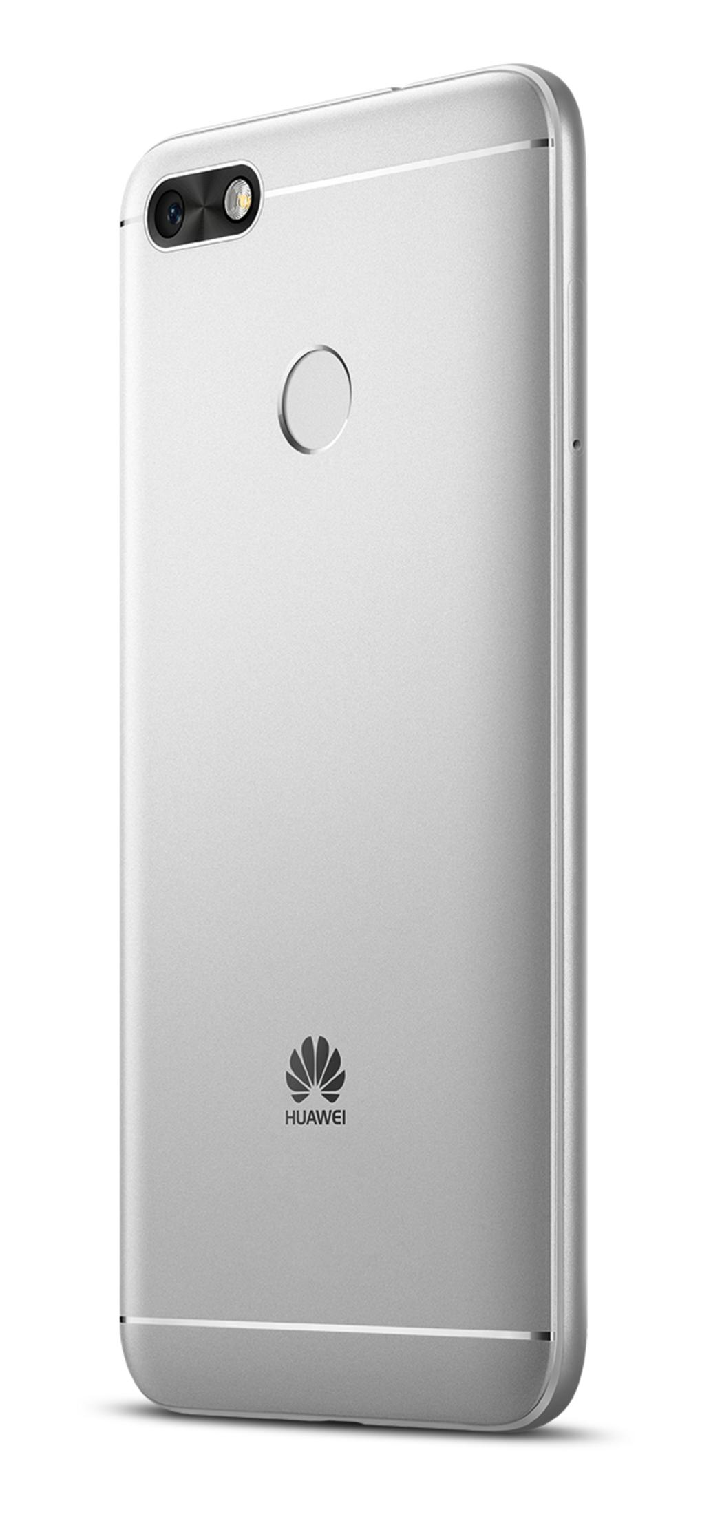 Rückseite eines silbernen Huawei Smartphones mit zwei Kameras und Fingerabdrucksensor.