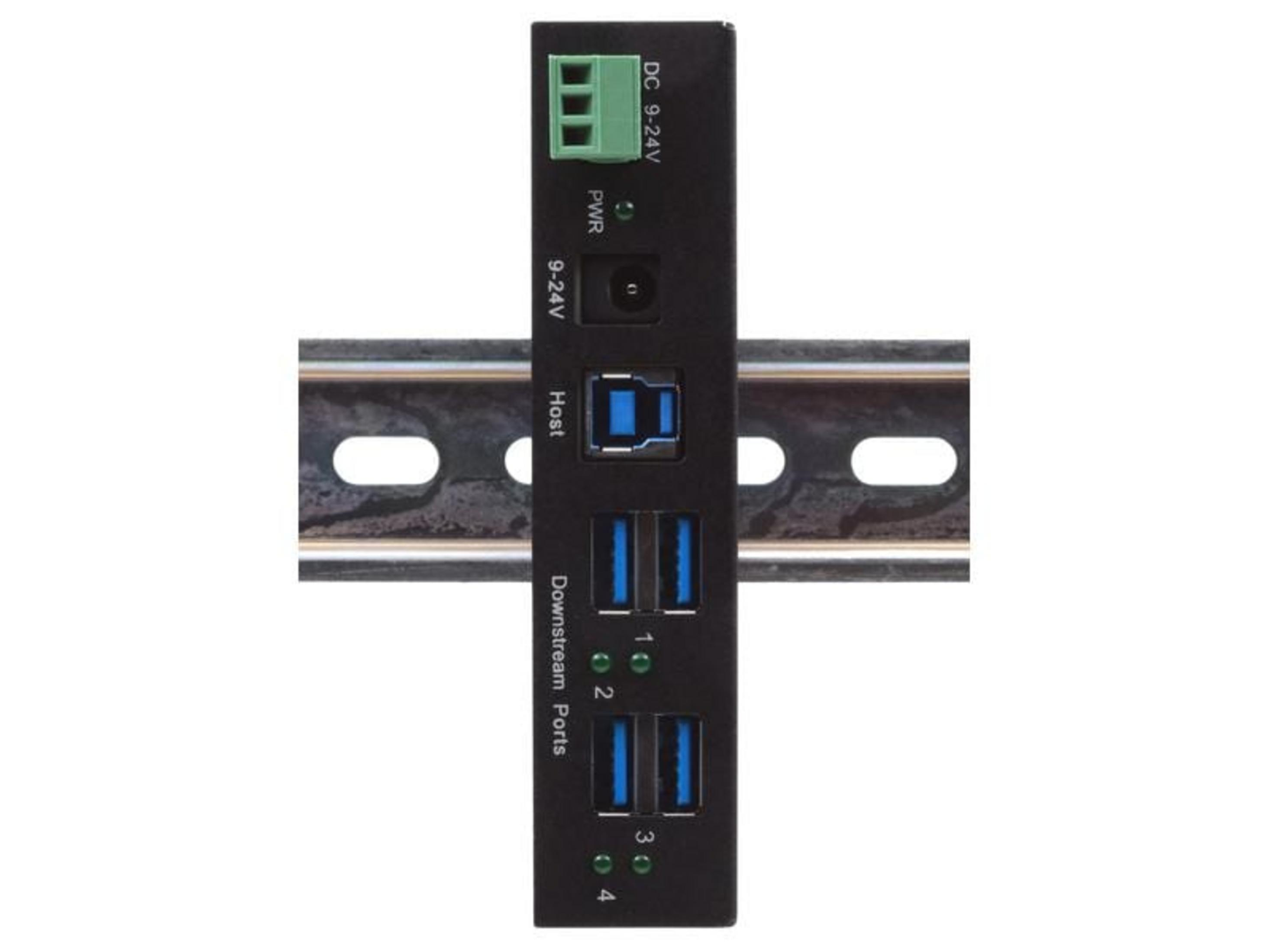 Hub USB nero a 4 porte montato su guida DIN.