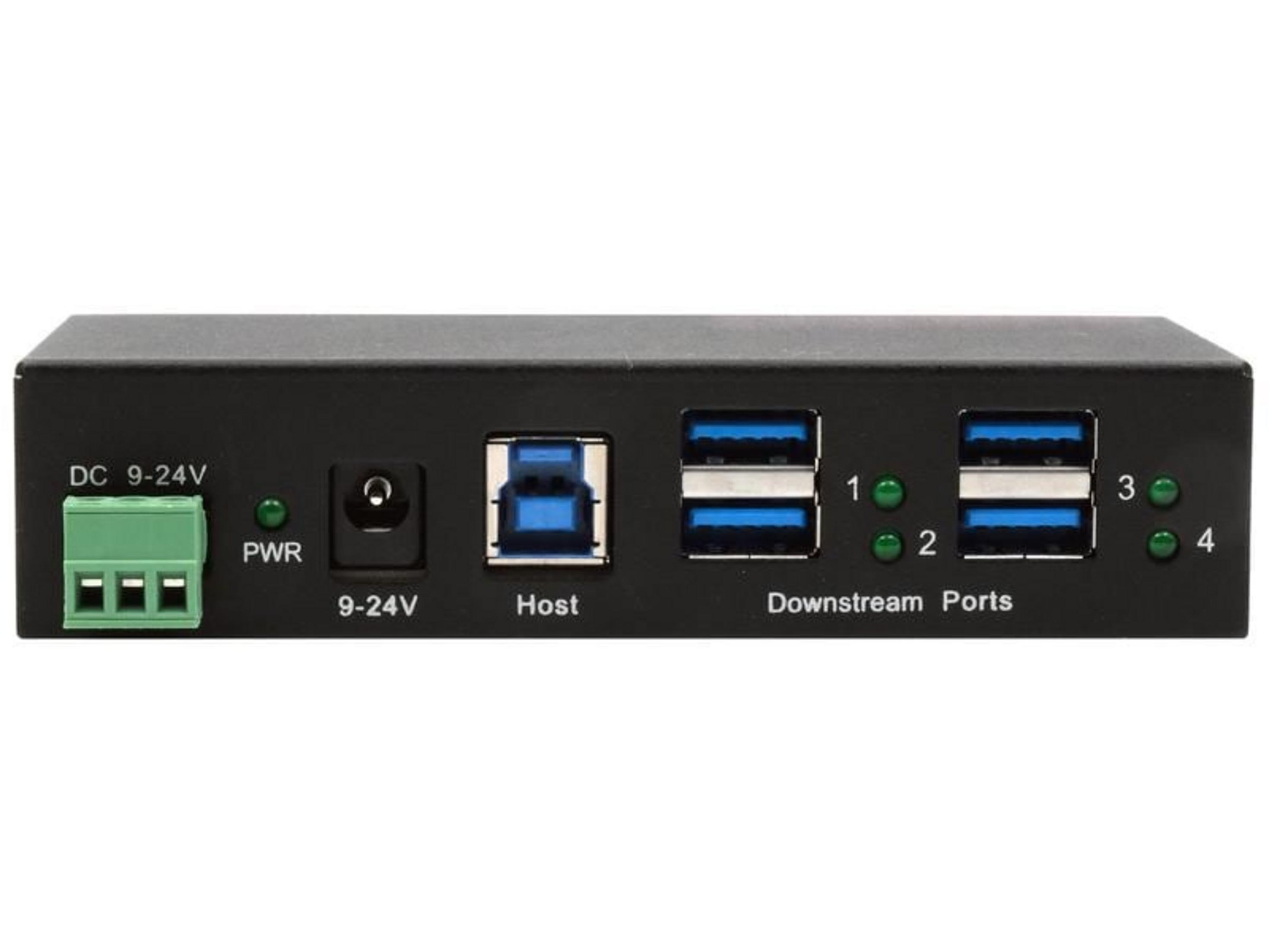 Hub USB nero con 4 porte downstream, 1 porta host, ingresso DC e LED verdi.
