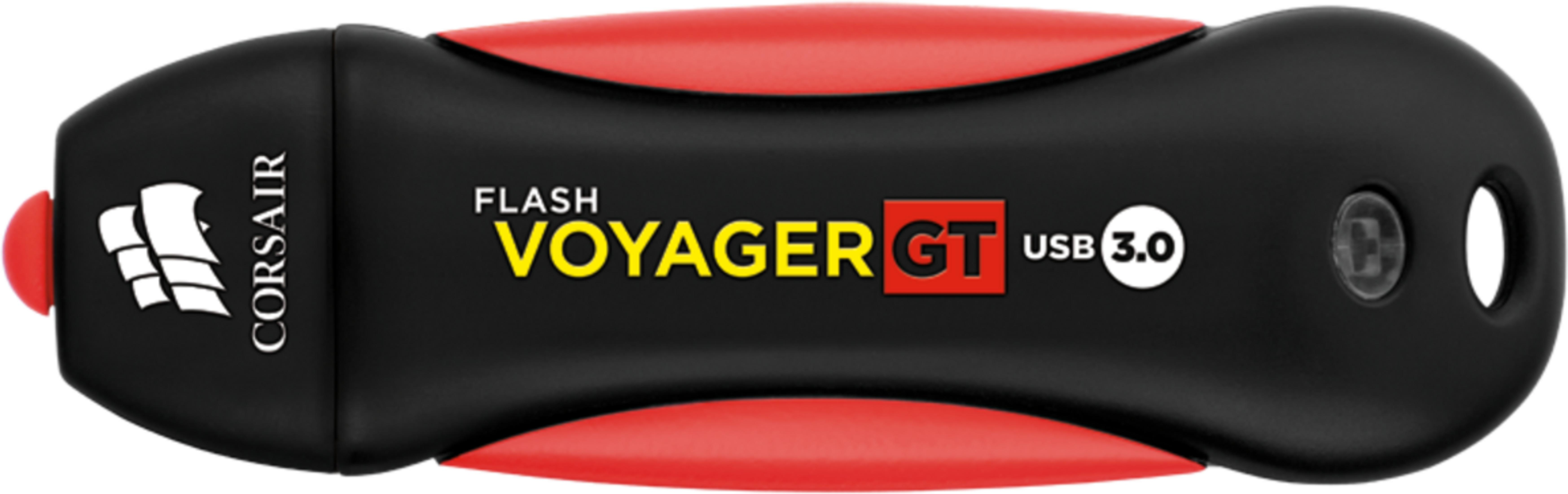 Czarny pendrive Corsair Voyager GT USB 3.0 z czerwonymi akcentami i logo.
