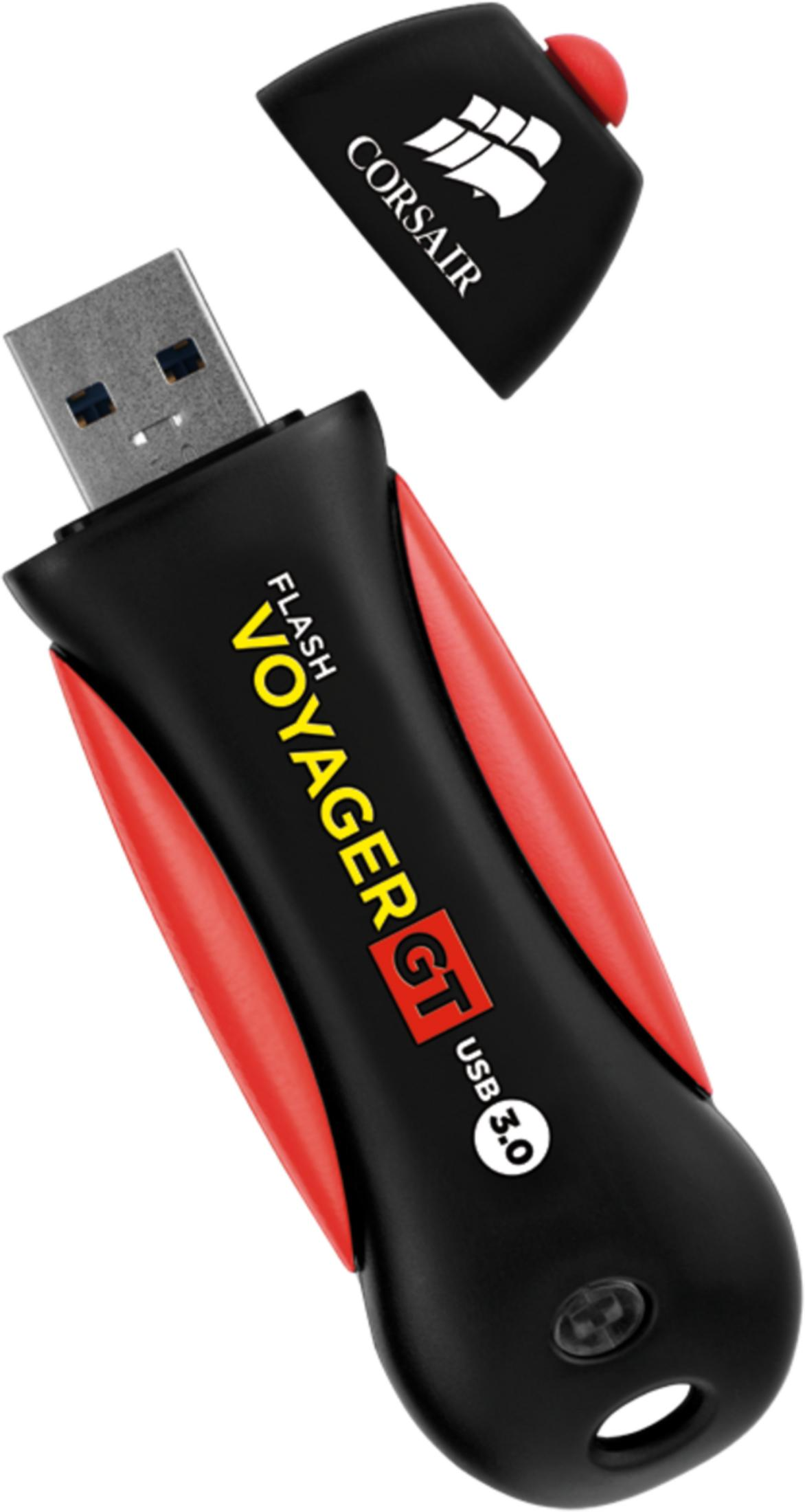 Czarny i czerwony pendrive Corsair Voyager GT USB 3.0 z zdjętym korkiem.