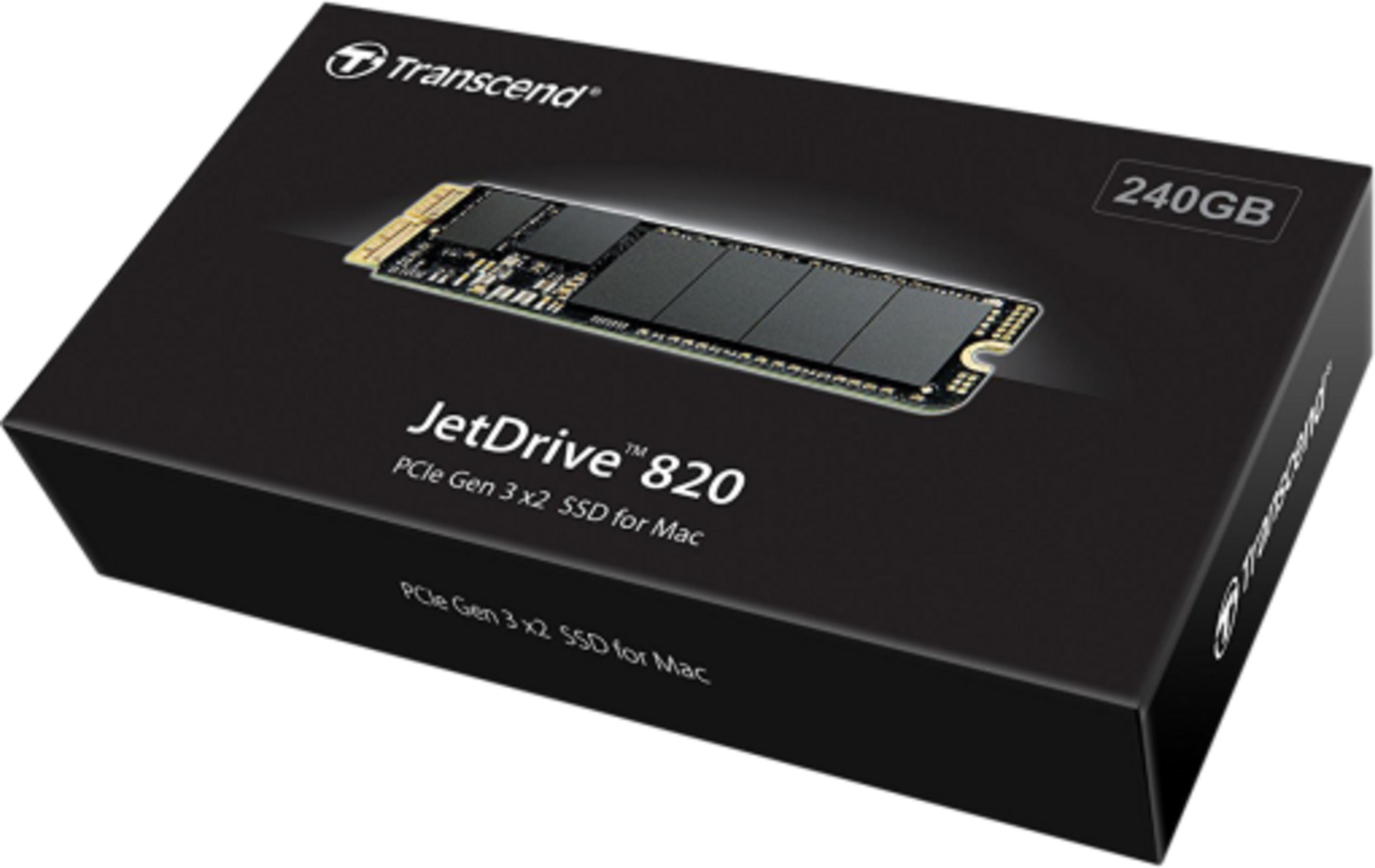 SSD Transcend JetDrive 820 da 240 GB per Mac su scatola nera.