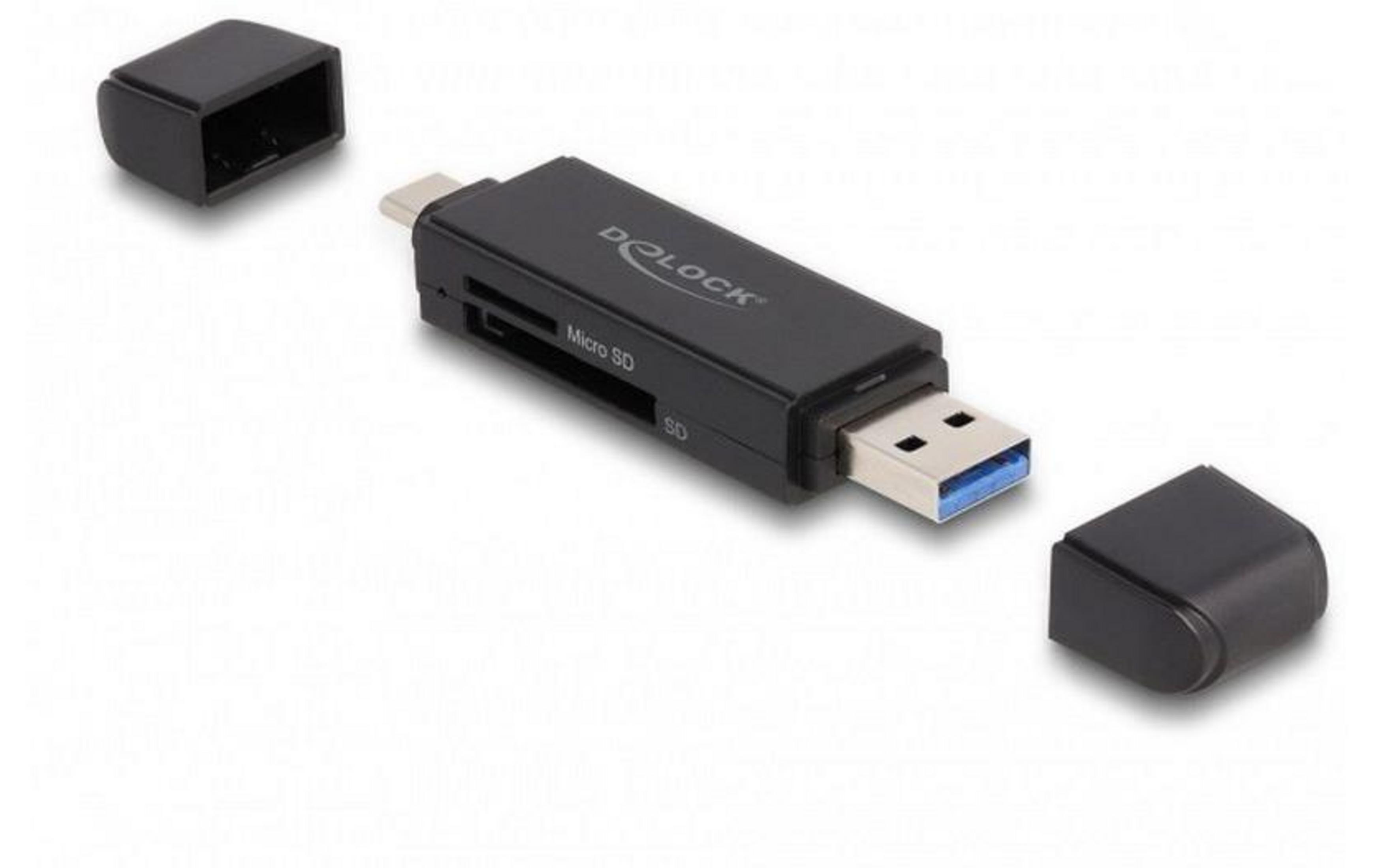 Ein schwarzer Kartenleser mit USB-A und USB-C Anschlüssen und SD/Micro SD-Schlitzen.