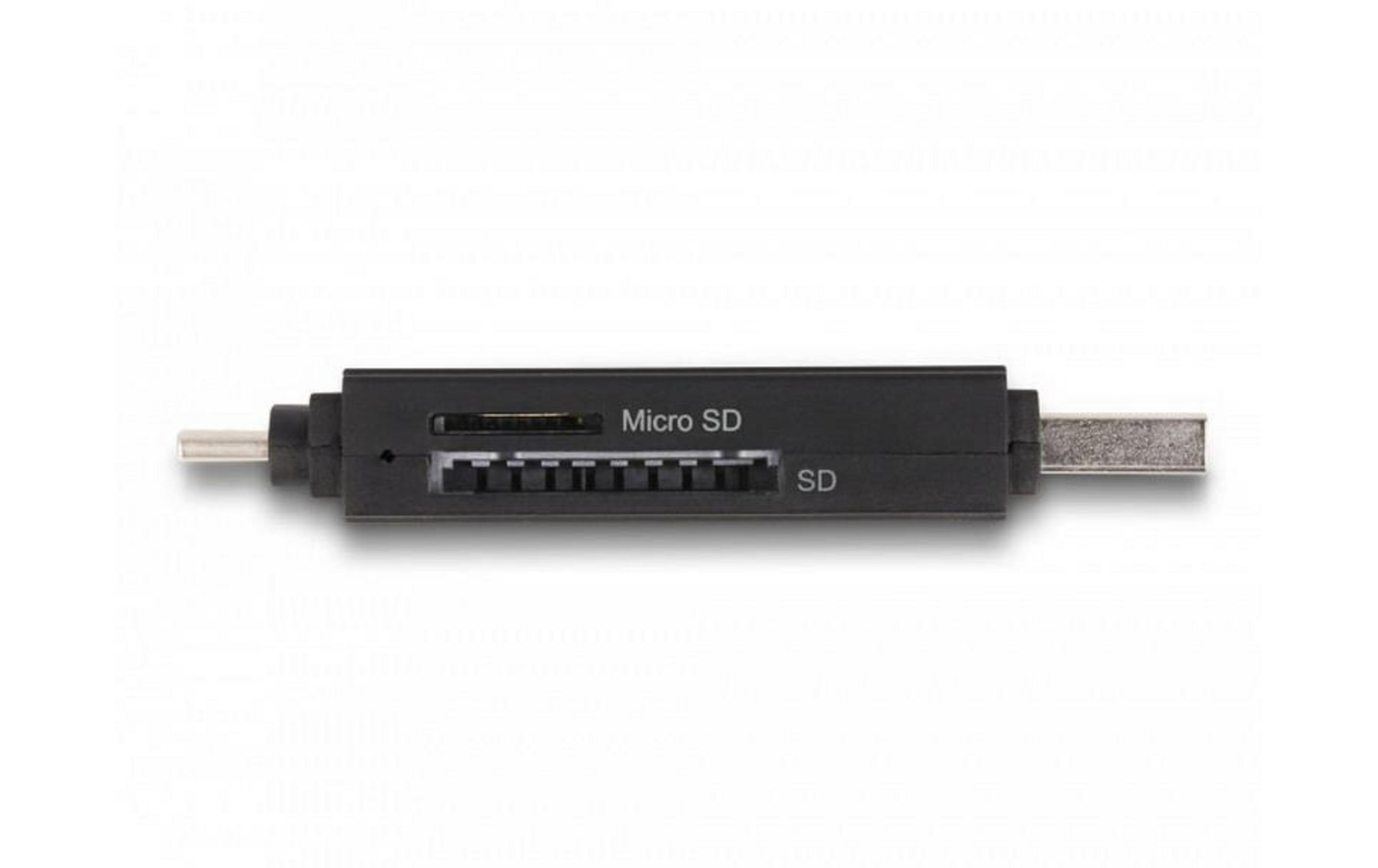 Schwarzer SD-Kartenleser mit Micro SD und SD-Schlitzen, weiße Beschriftung.