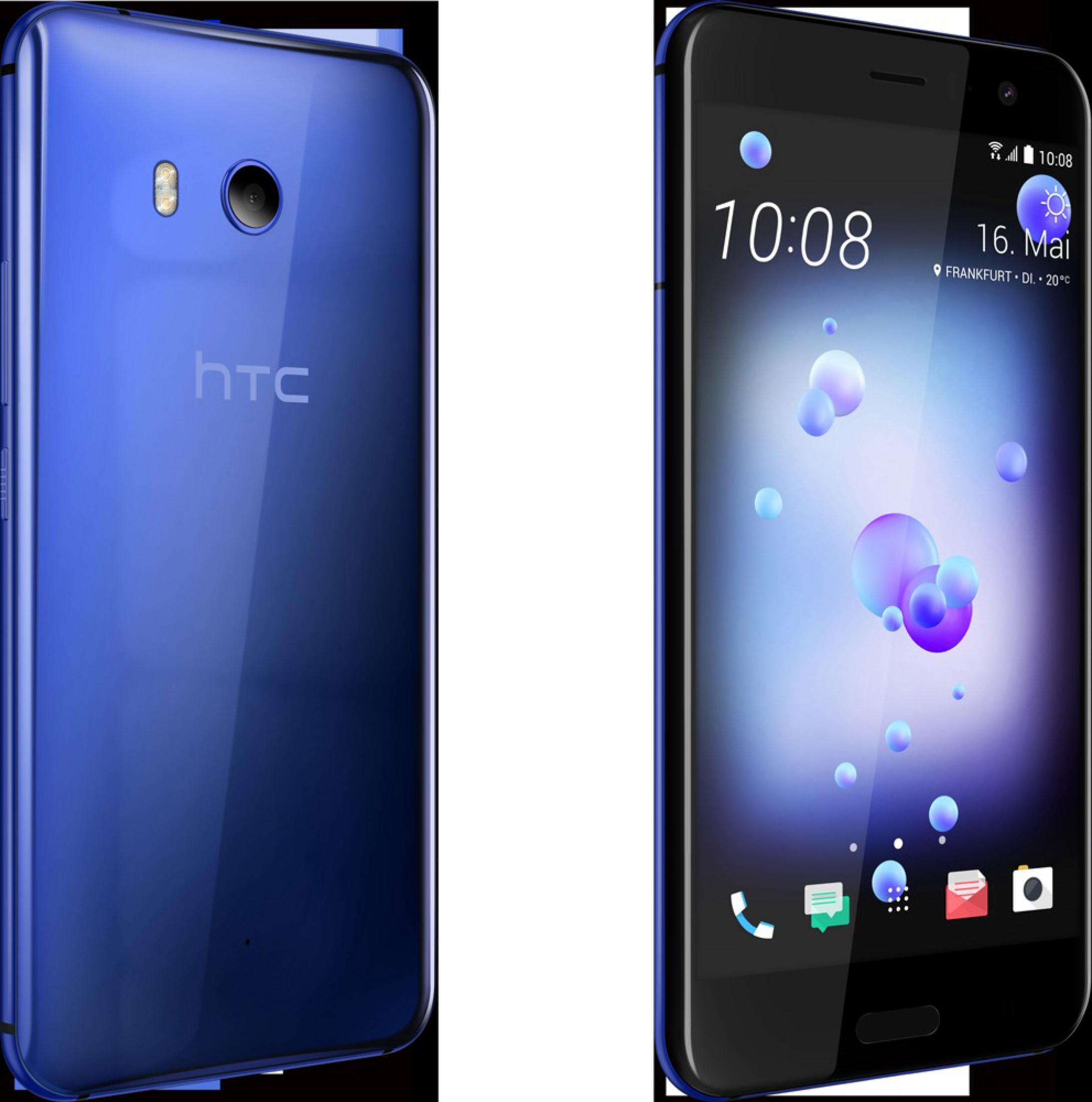 Dos smartphones HTC azules, uno de frente y otro de espaldas.