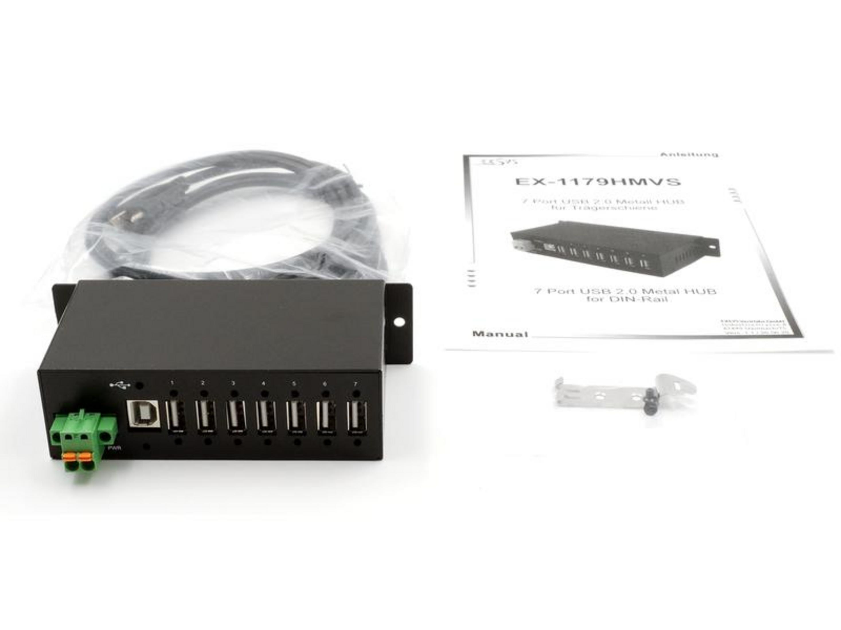 Hub USB 2.0 metallico nero a 7 porte con manuale e cavi.