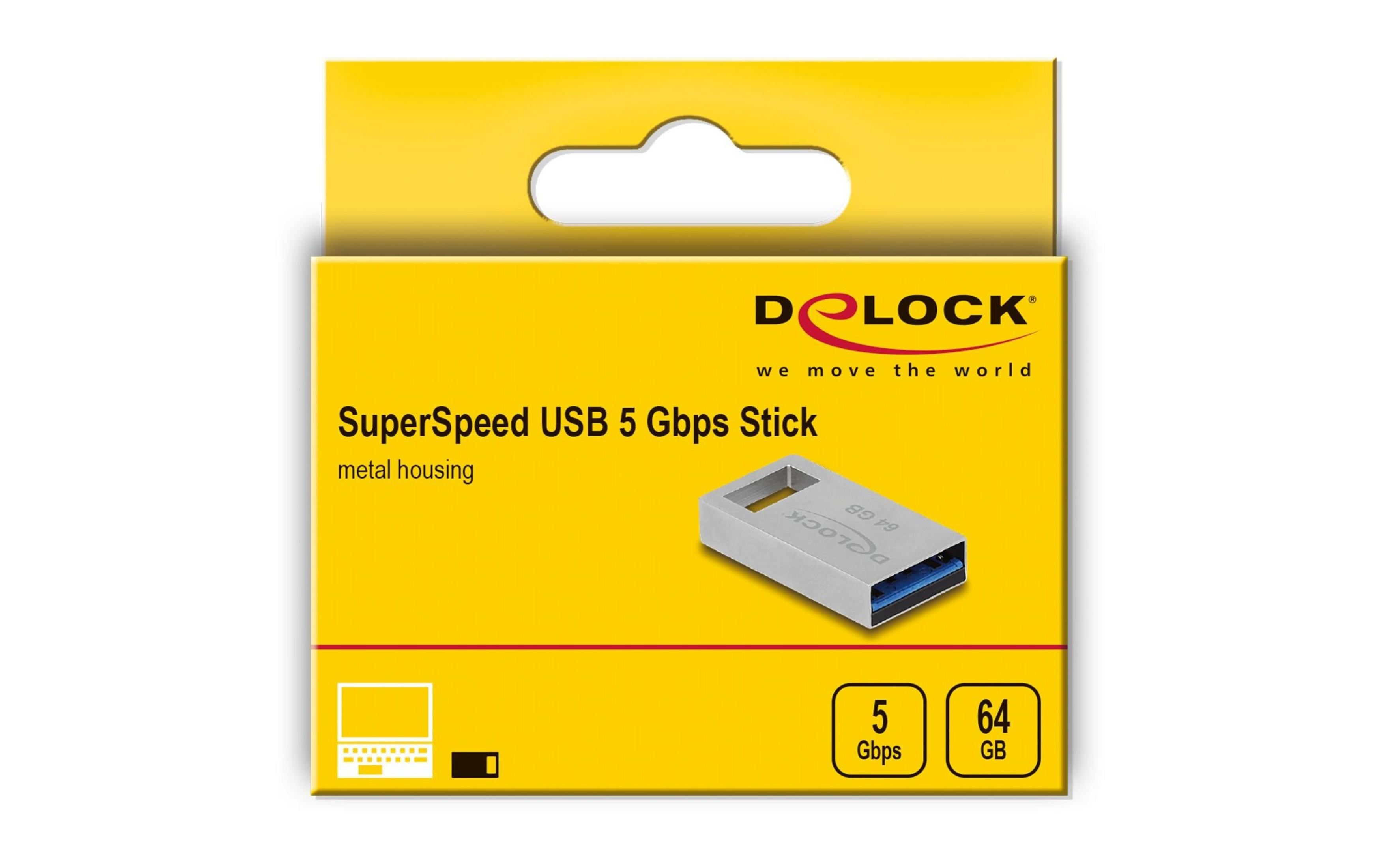 Opakowanie srebrnego pendrive'a DeLock USB 5 Gbps o pojemności 64 GB.