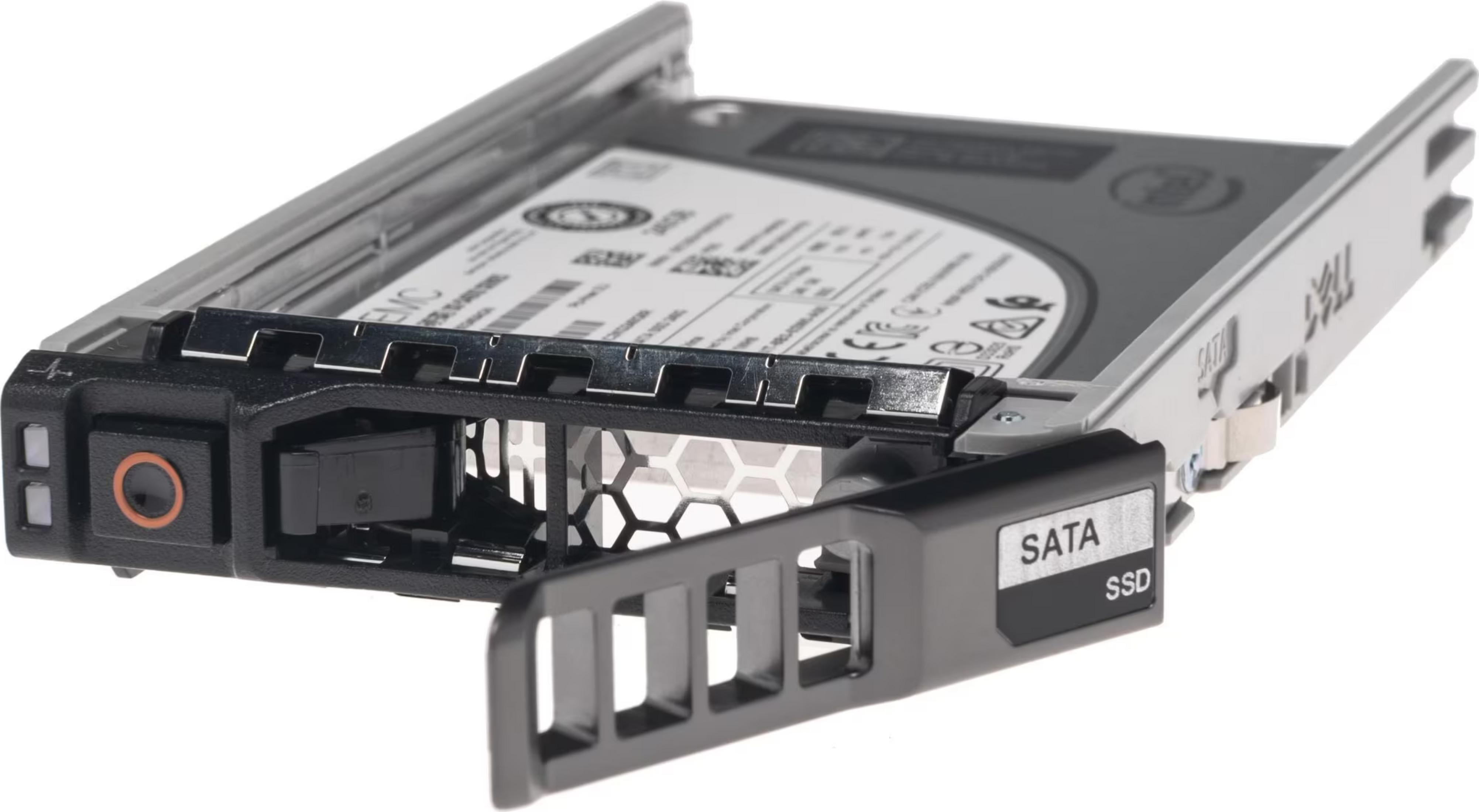 Un carrello per disco rigido SSD Dell con etichetta SATA. Una parte è aperta.