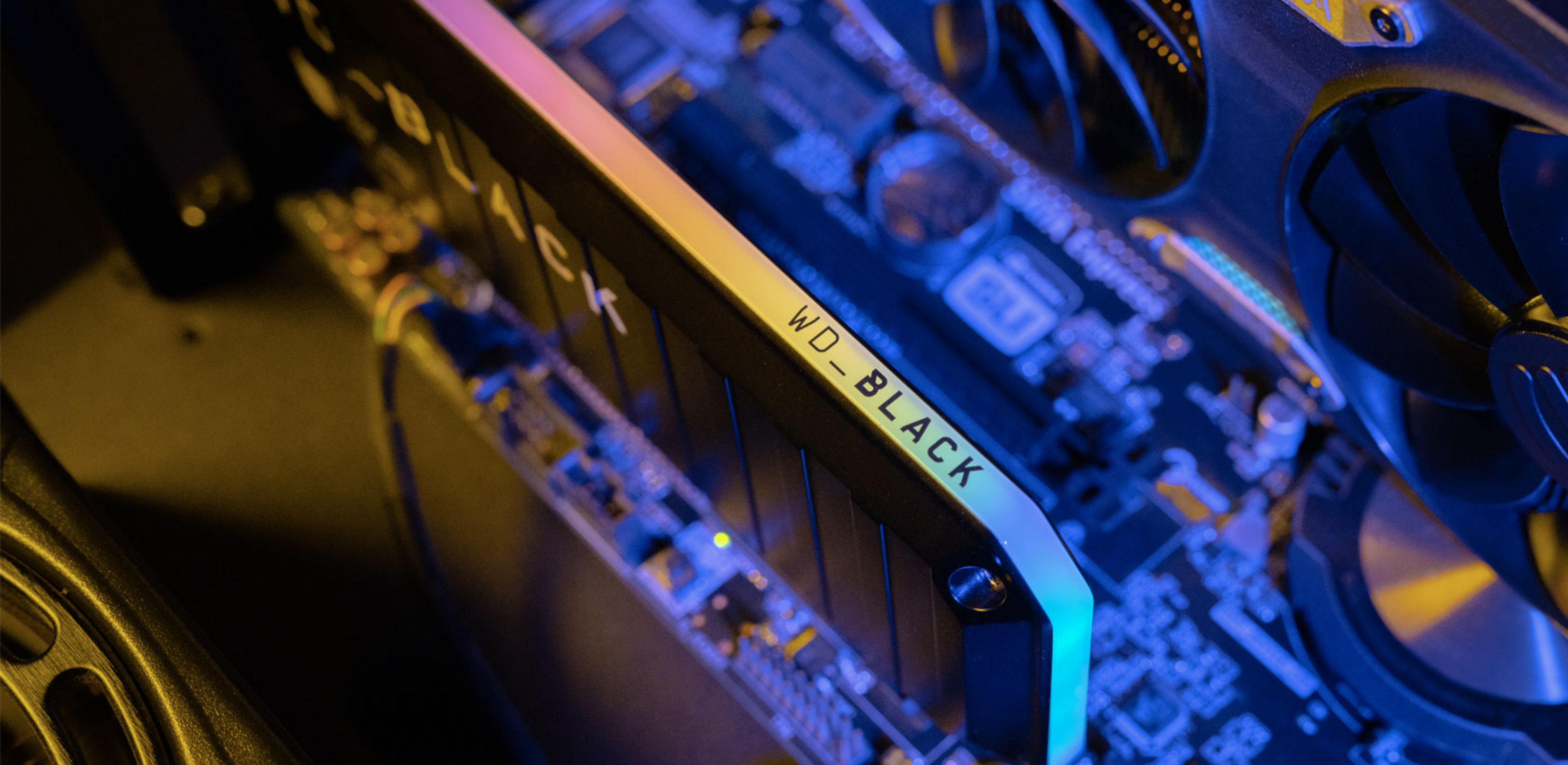 Nahaufnahme einer WD_BLACK SSD mit RGB-Beleuchtung auf einem Motherboard.