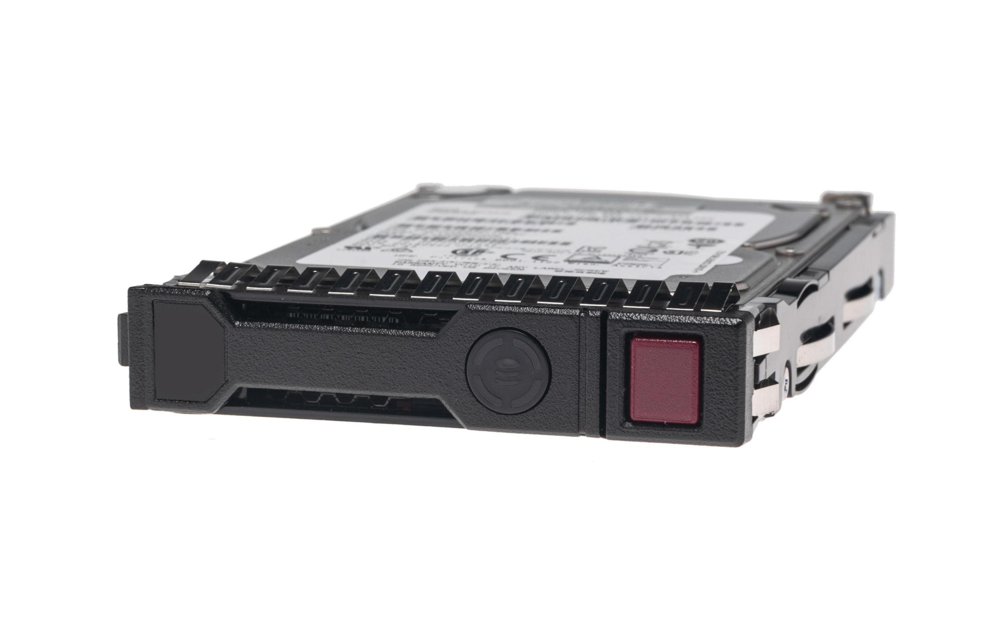 Un hard disk del computer nero con un pulsante rosso su sfondo bianco.