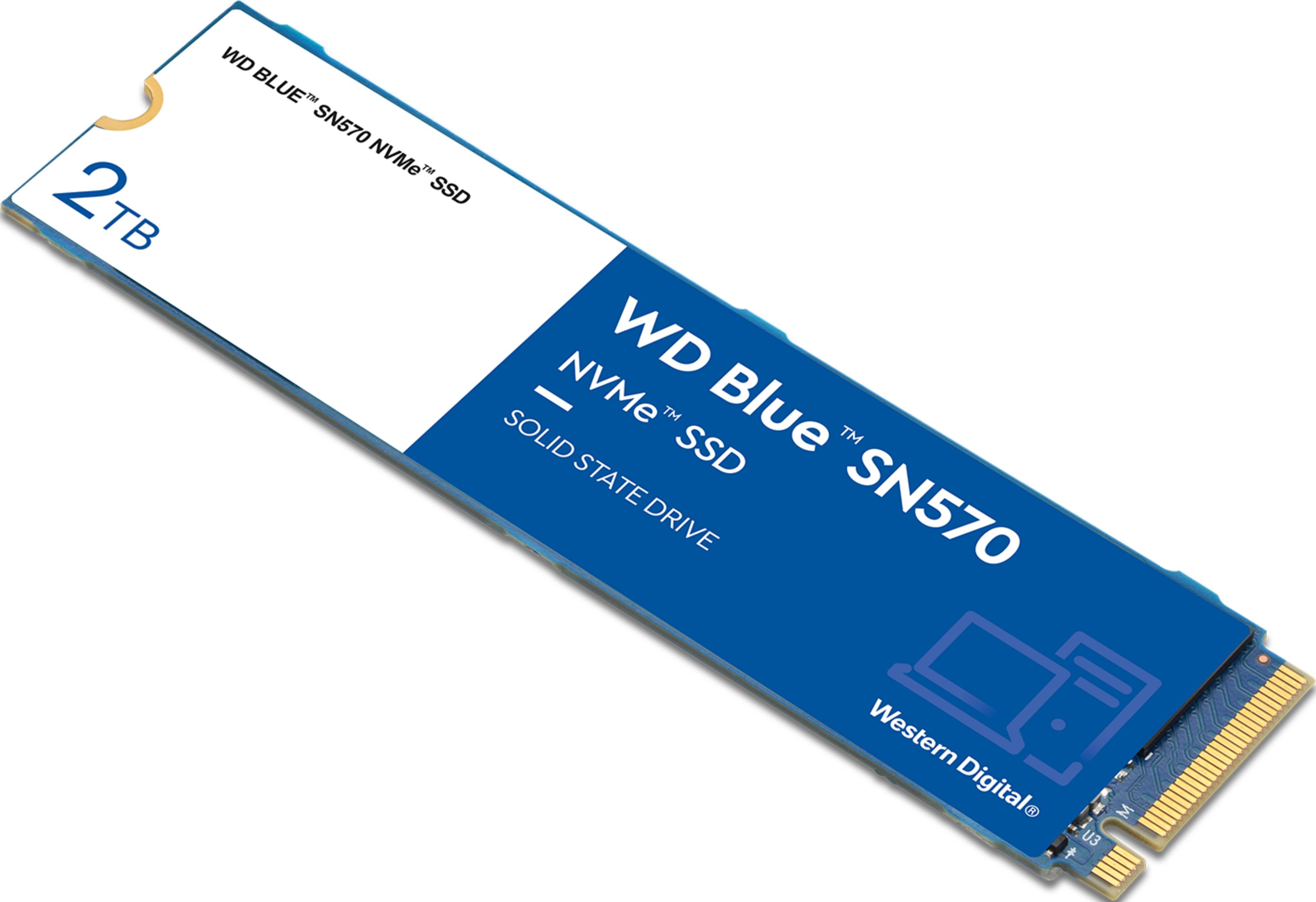 Dysk SSD NVMe WD Blue SN570 2TB z niebieską etykietą i złotymi złączami.