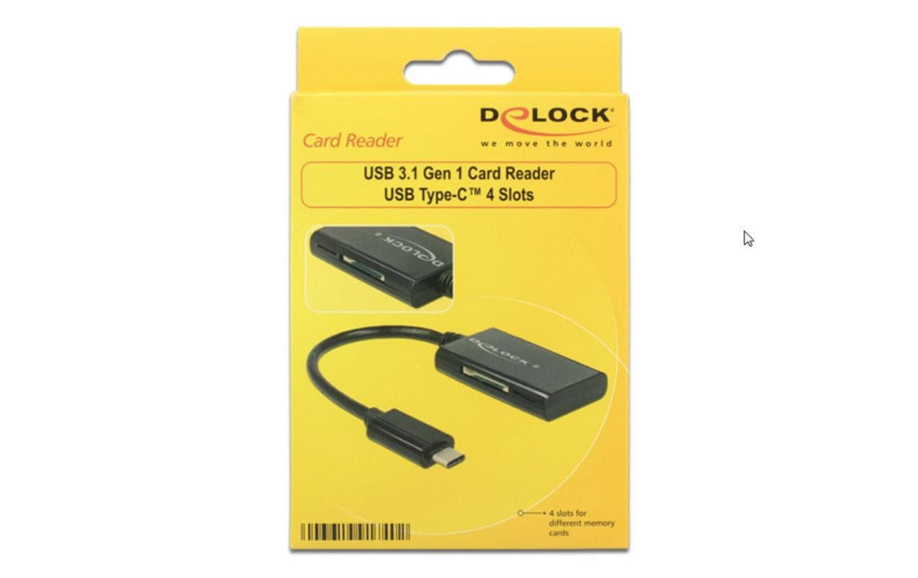 Confezione di un lettore di schede USB 3.1 Gen 1 nero con 4 slot.