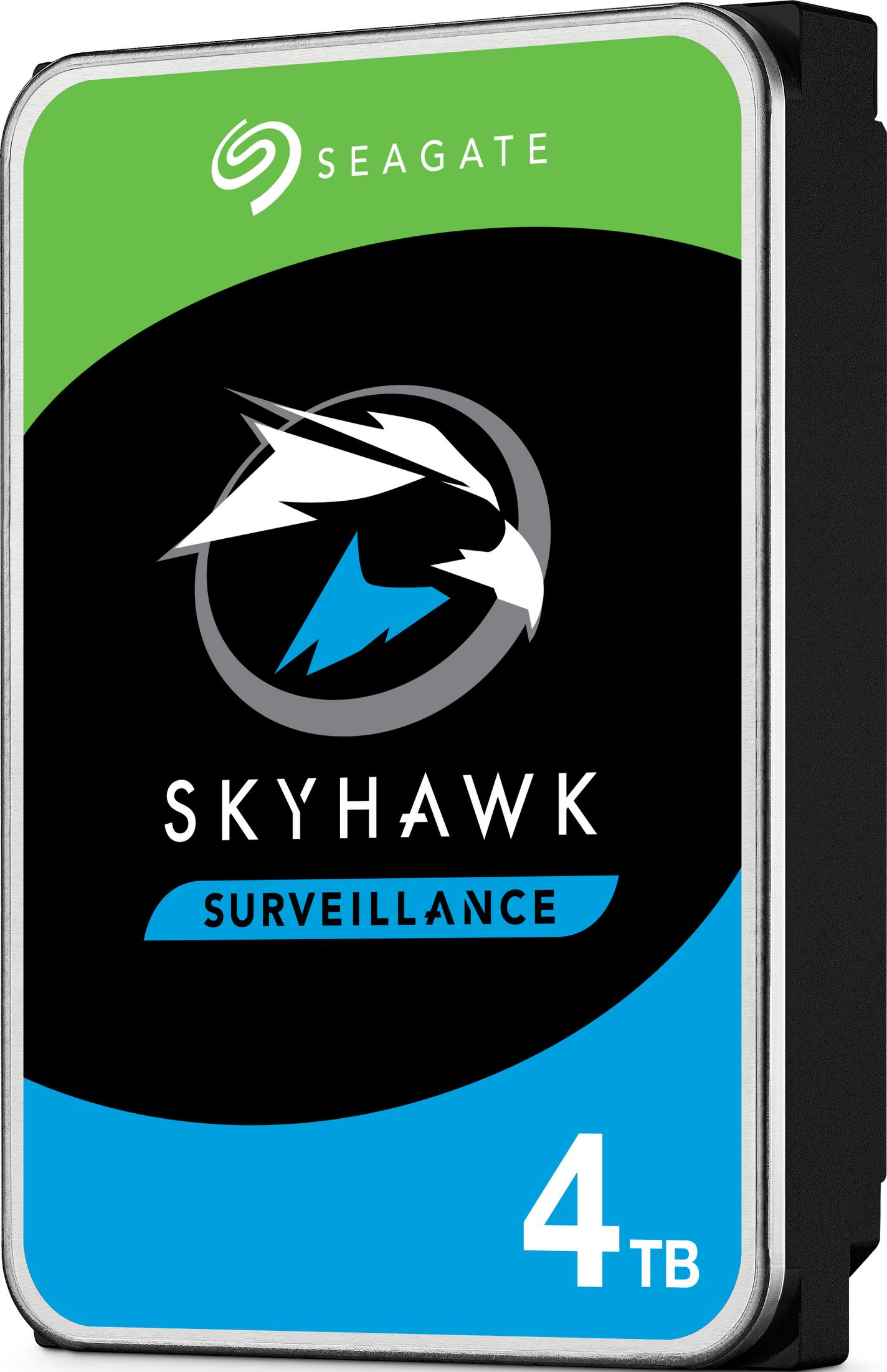 Un hard disk di sorveglianza Seagate Skyhawk da 4TB con logo e specifiche.