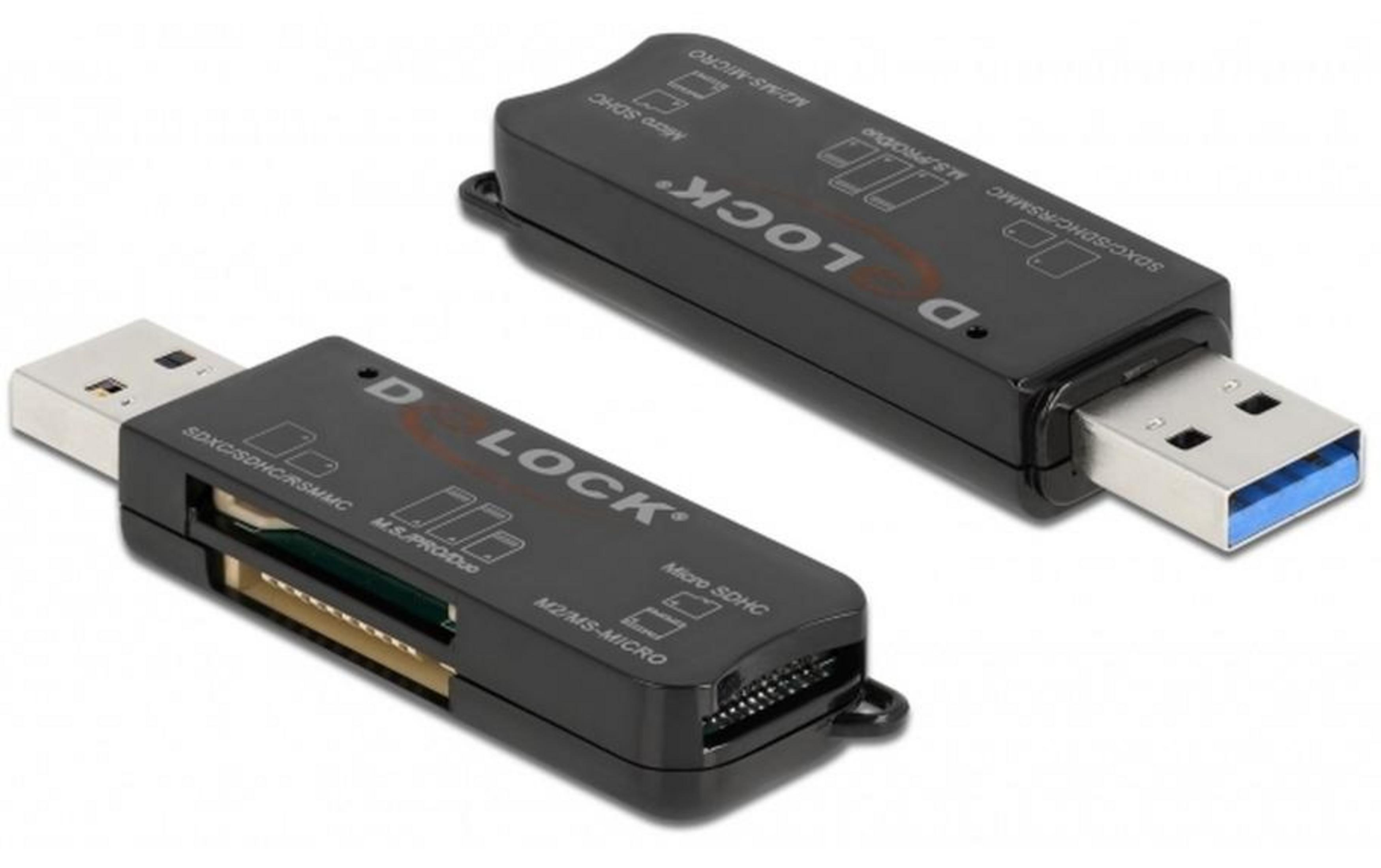 Due lettori di schede neri con connettori USB giacciono uno accanto all'altro.