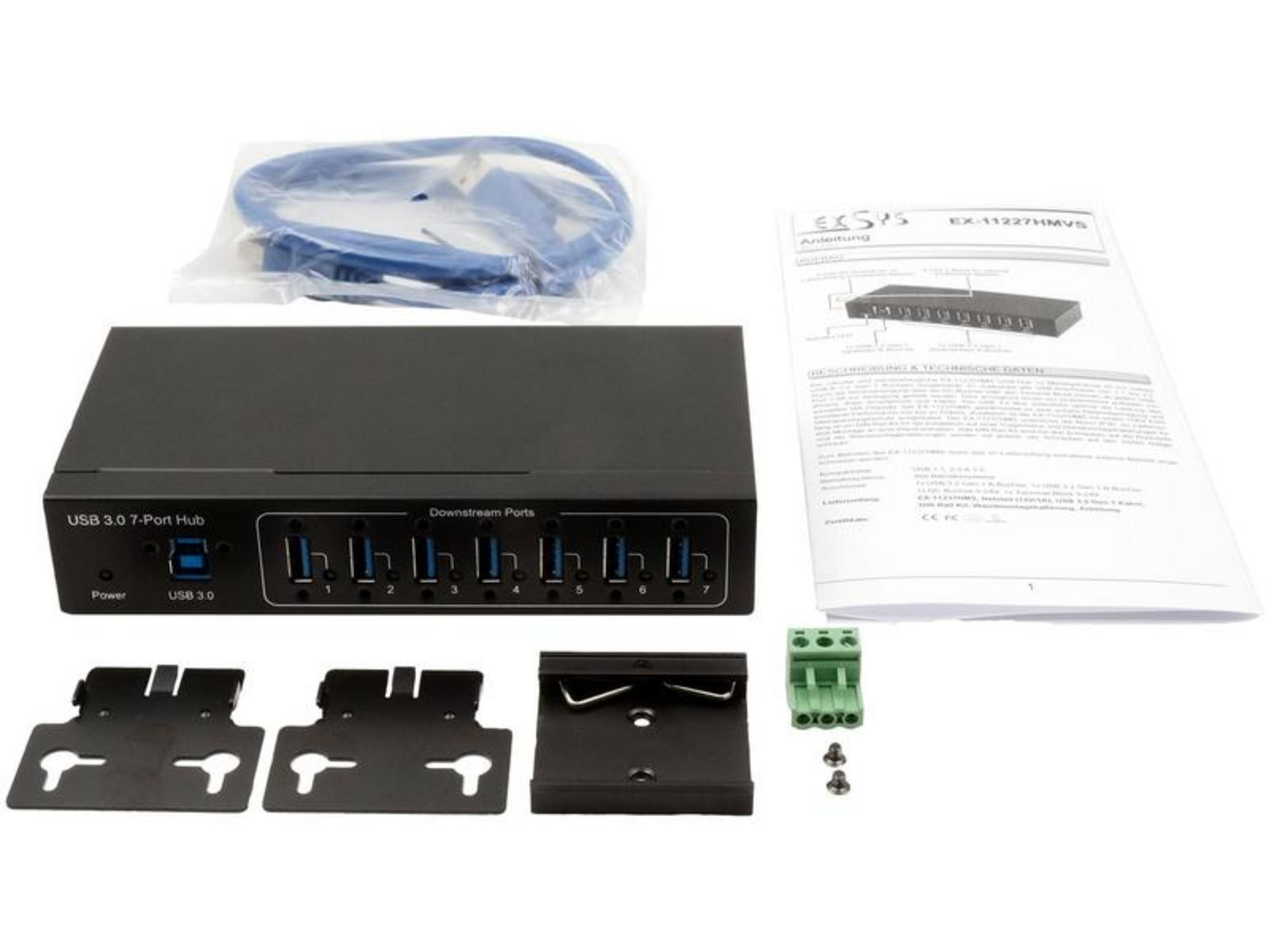 Ein schwarzer USB 3.0 7-Port-Hub mit Kabeln, Montagehalterungen und Anleitung.