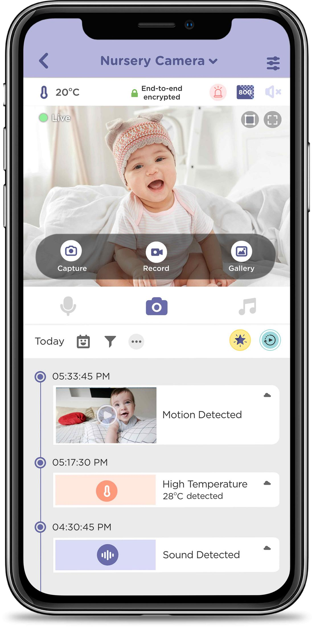 Babyfon-App zeigt lebendes Bild eines Babys, Temperatur und Ereignisse.