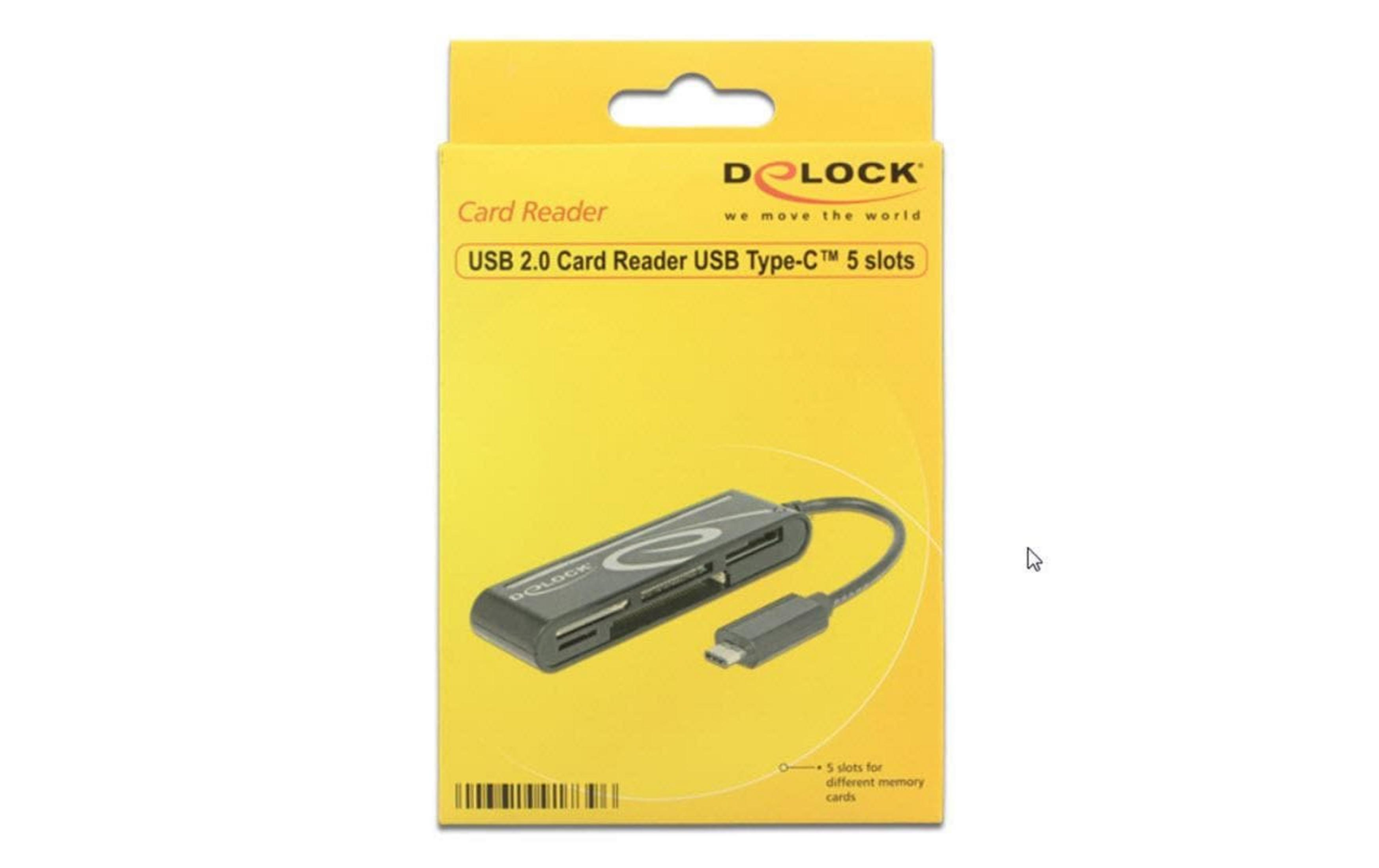 Confezione di un lettore di schede nero a 5 slot con connettore USB-C.