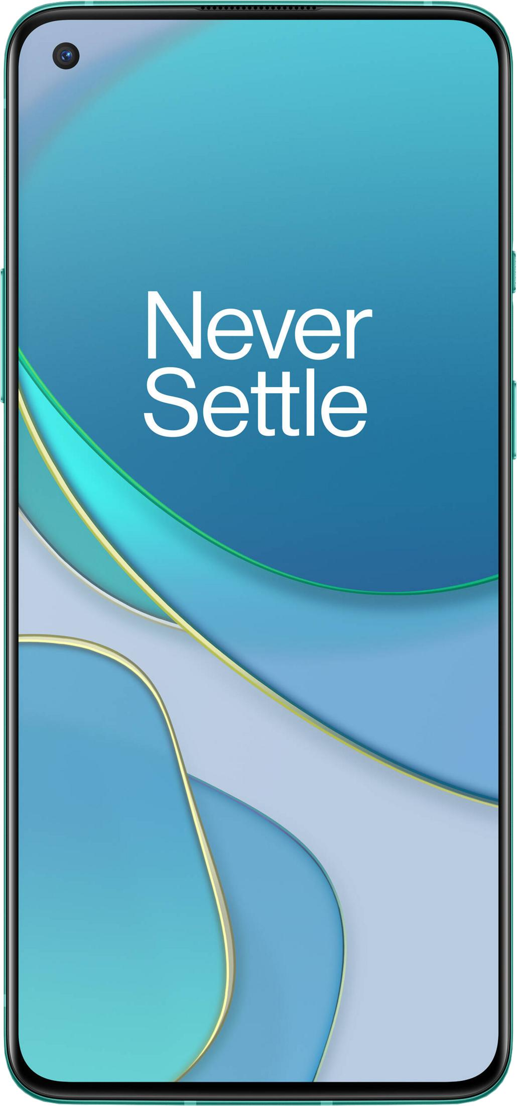 Een smartphone met de tekst 'Never Settle' op het scherm.
