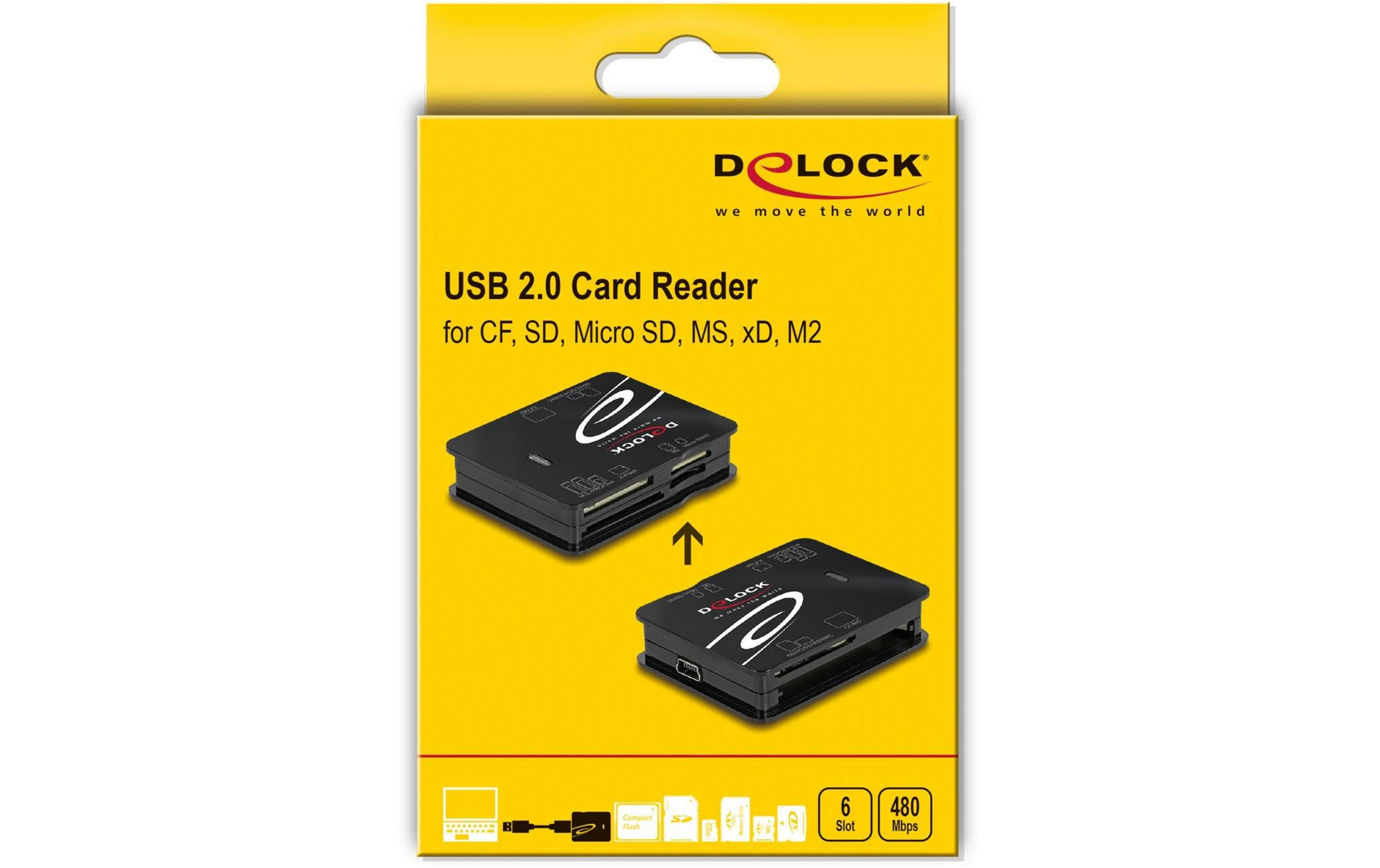 Un lettore di schede USB 2.0 nero DeLOCK con slot multipli su confezione gialla.