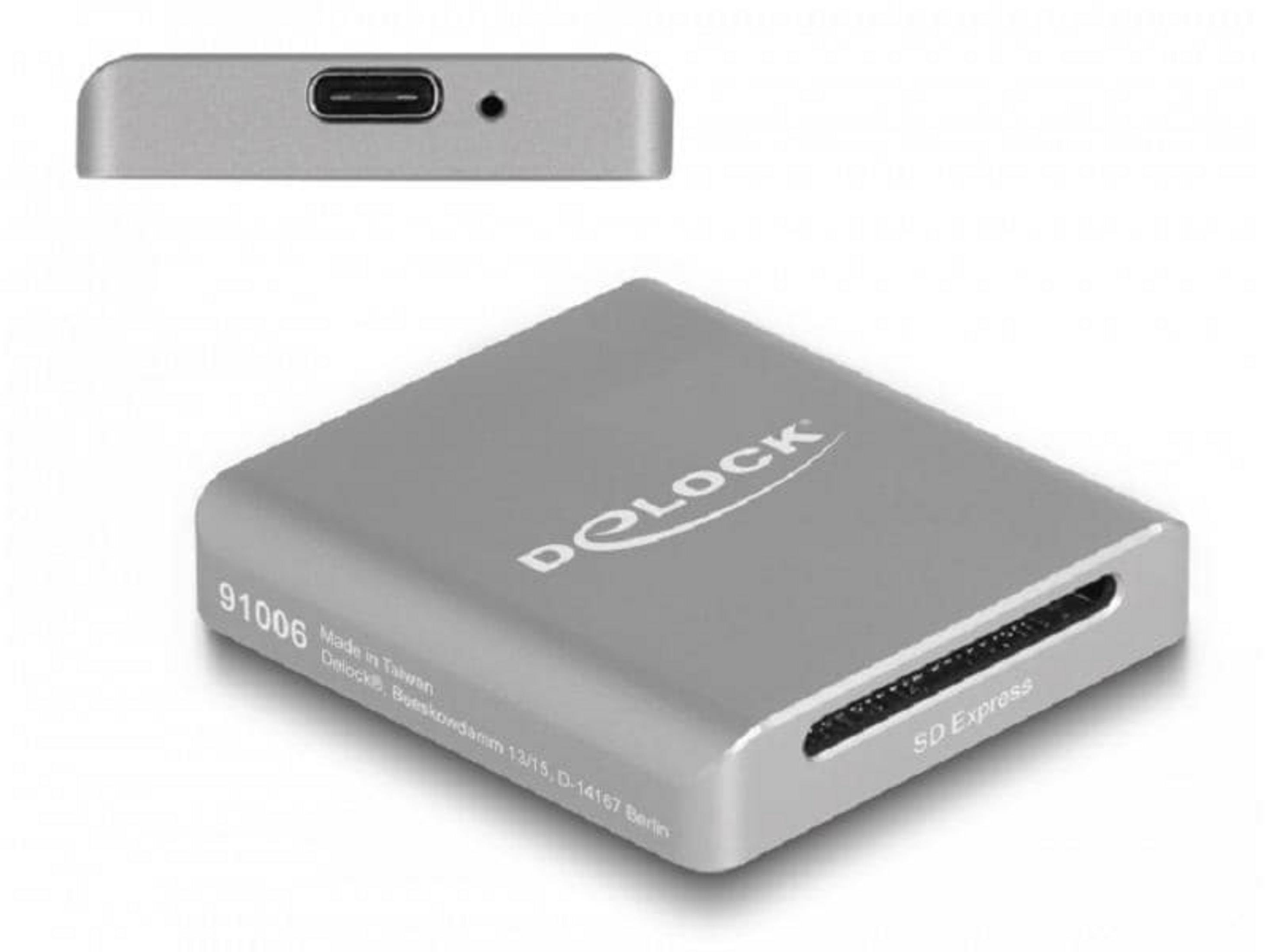 Silberner SD Express Kartenleser mit USB-C-Anschluss und Logo.