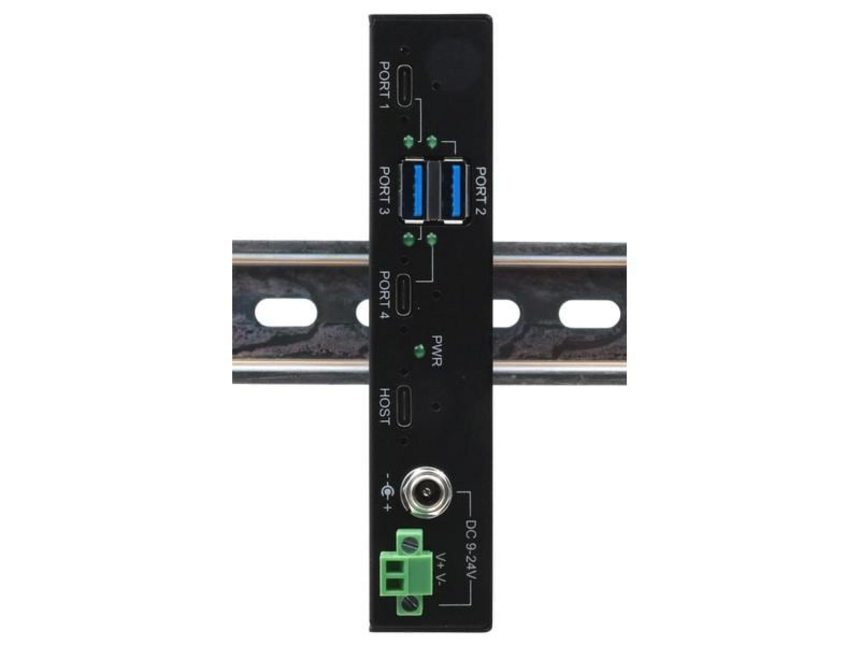 Dispositivo nero con porte 1-4, PWR, Host e ingresso DC, montato su guida DIN.