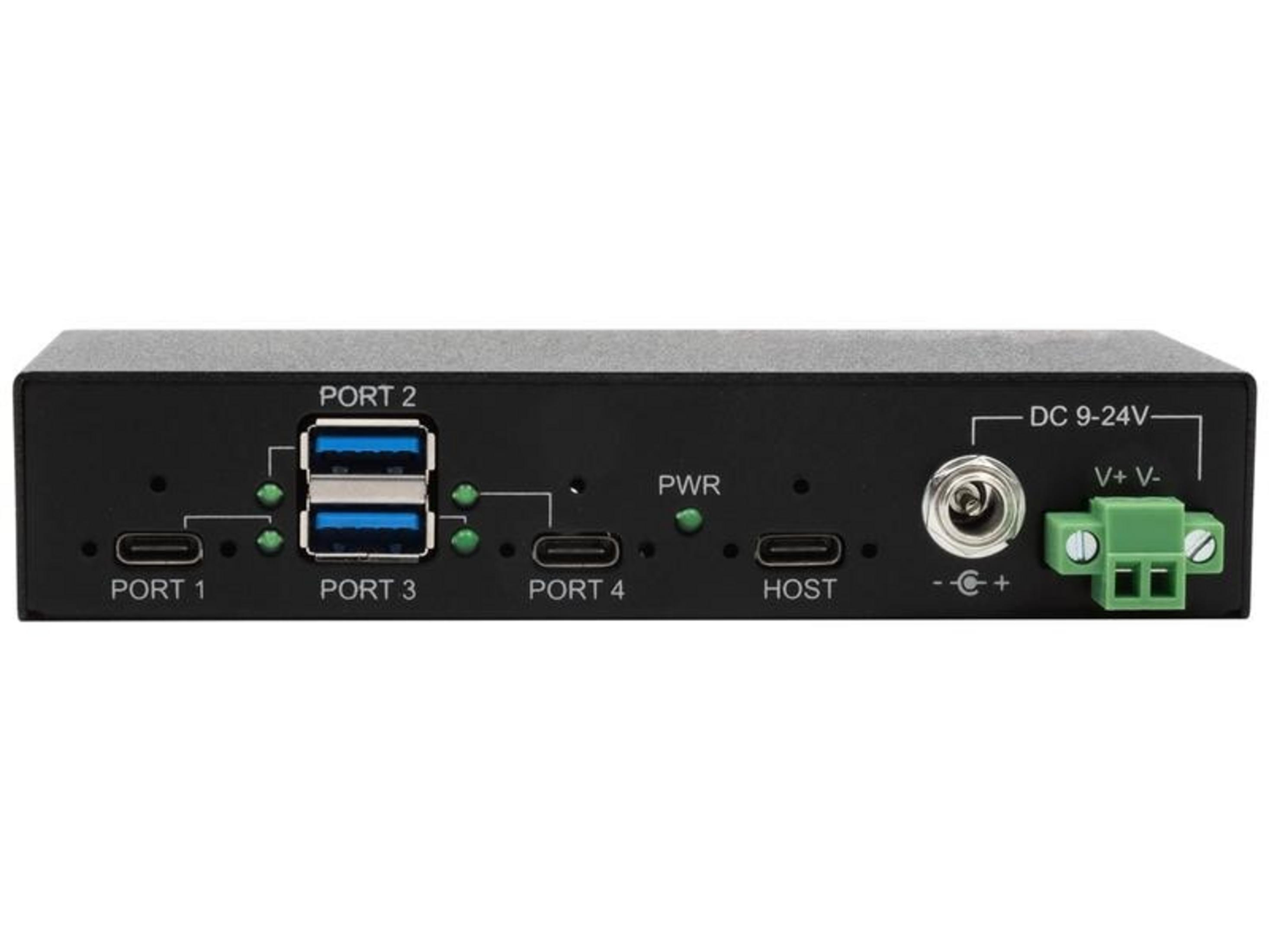 Scatola nera con porte USB e di alimentazione. Etichette: PORT 1, PORT 2, PORT 3, PORT 4, HOST, PWR, DC 9-24V.