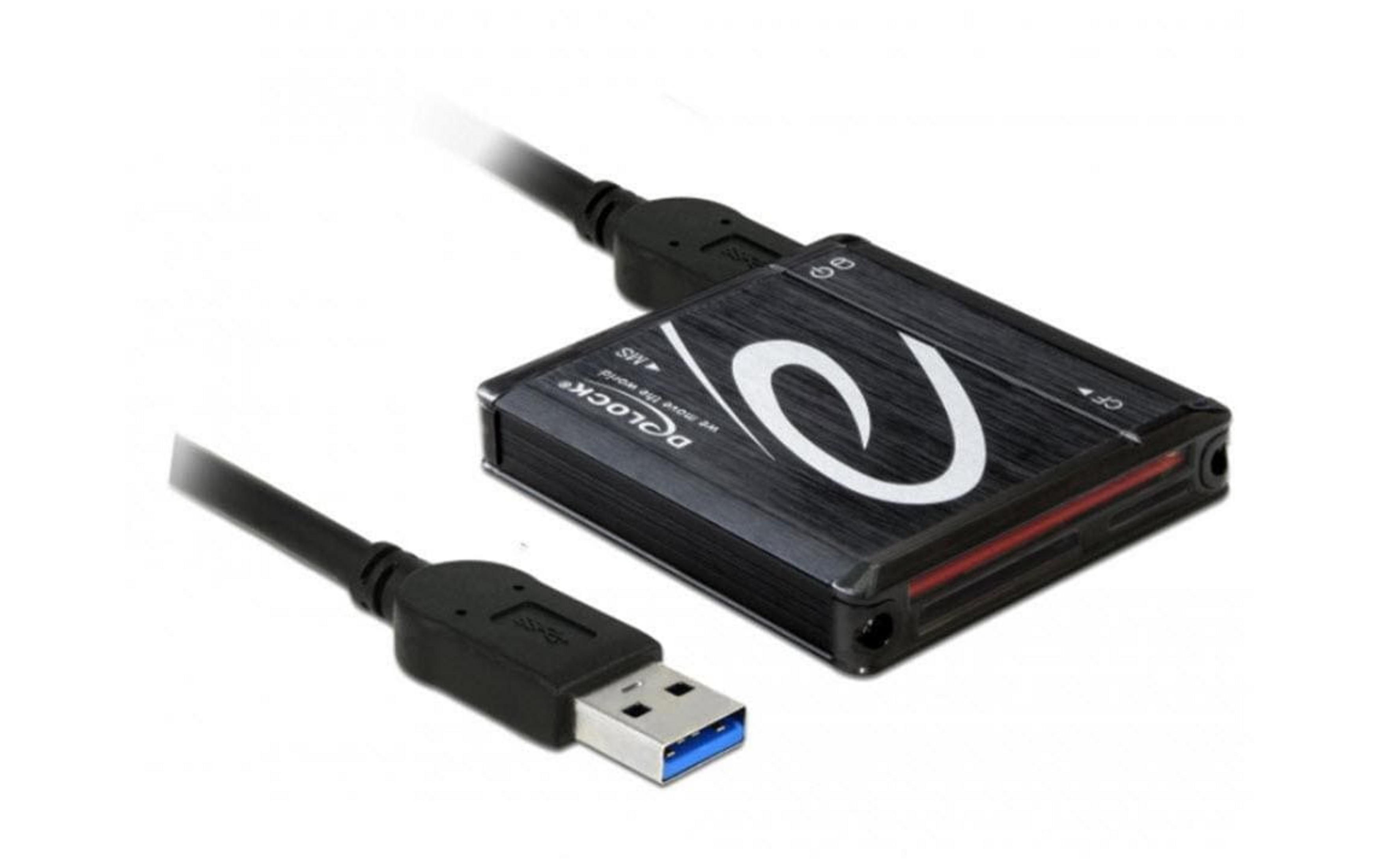 Lettore di schede USB nero con logo bianco e cavo, su sfondo bianco.