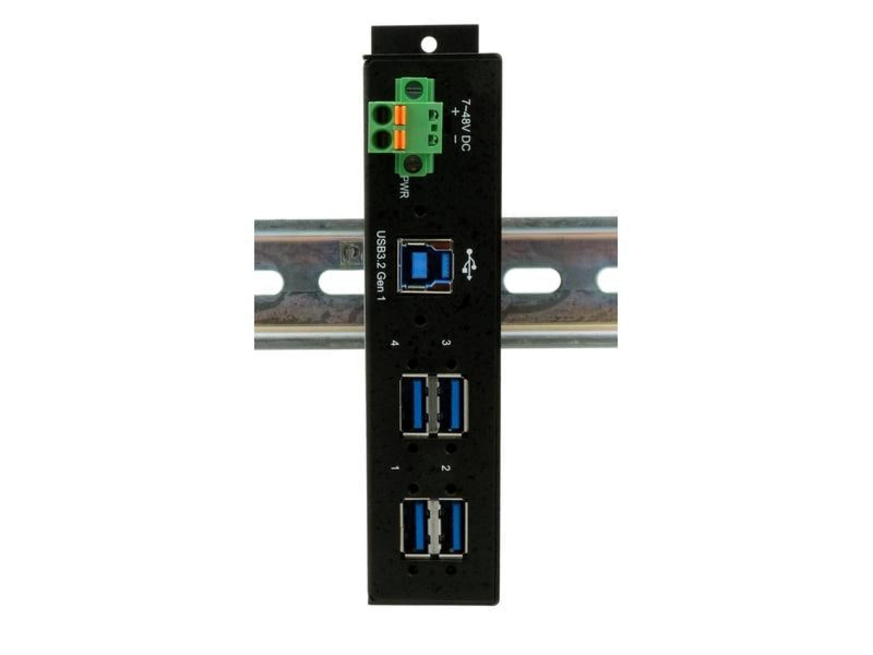 Hub USB nero su guida DIN a 4 porte: 1x USB-C, 3x USB-A e morsettiera verde.