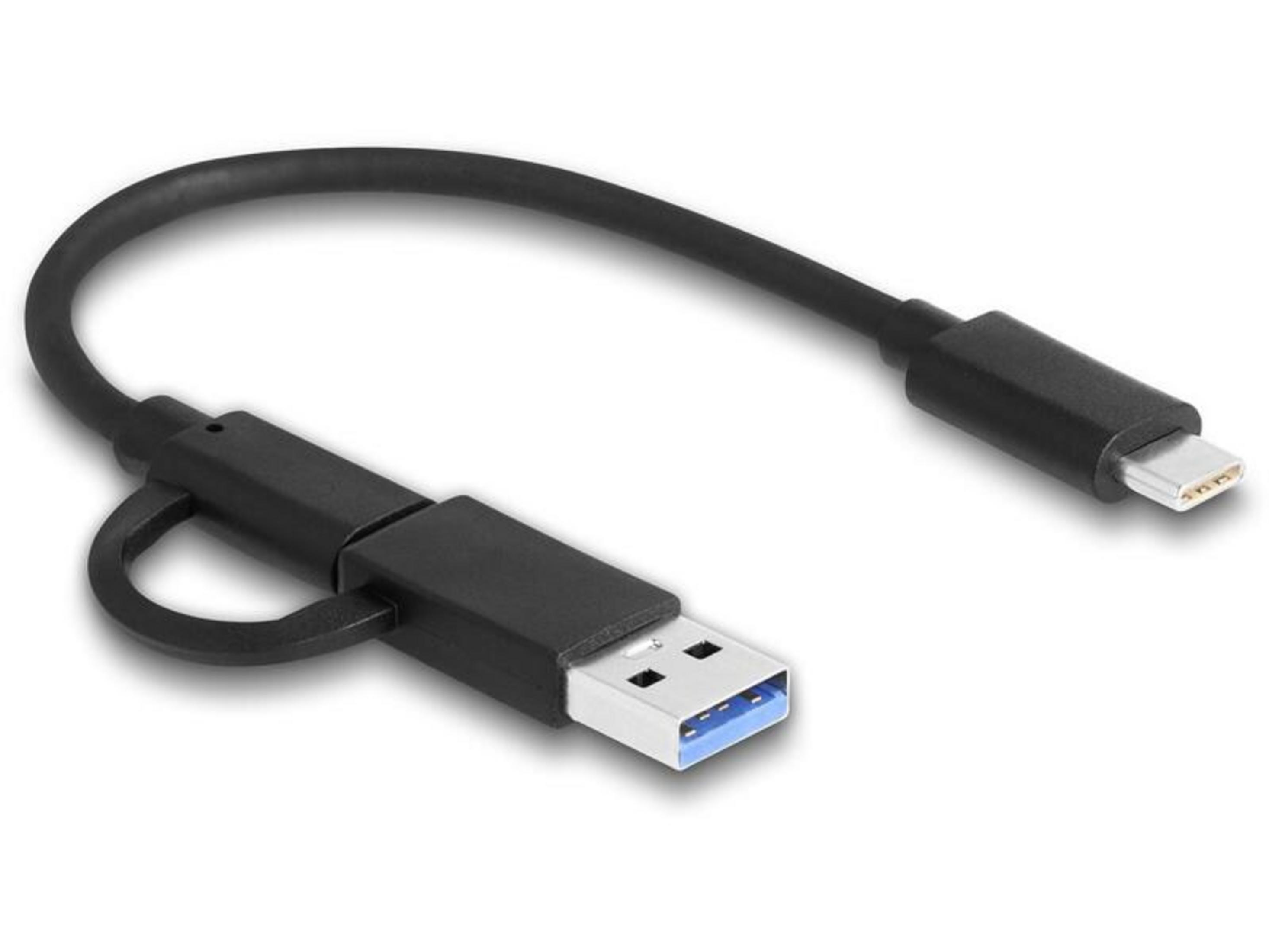 Ein schwarzes USB-Kabel mit einem USB-A- und einem USB-C-Stecker.