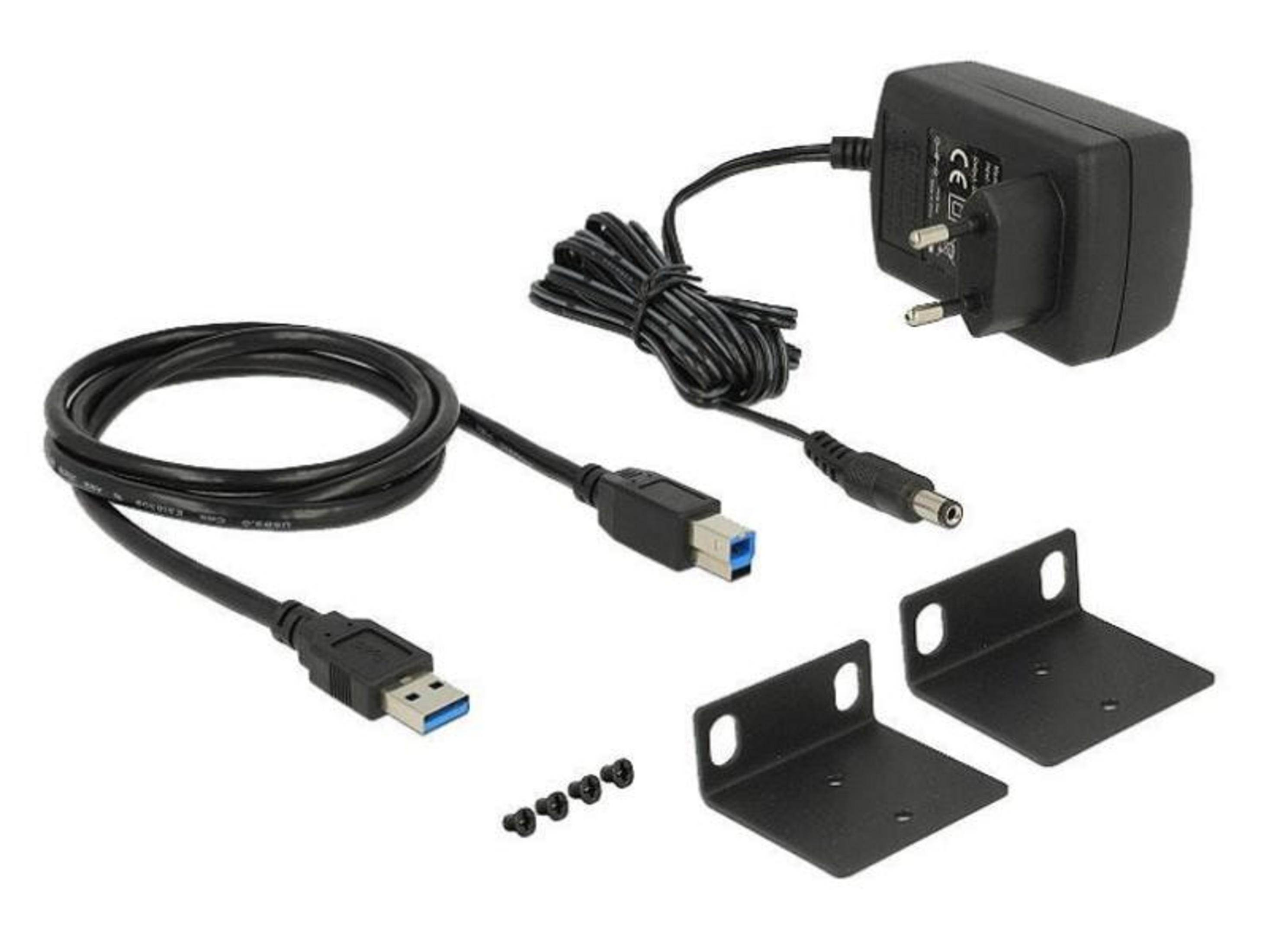 Netzteil, USB-Kabel, Halterungen und Schrauben auf weißem Hintergrund.