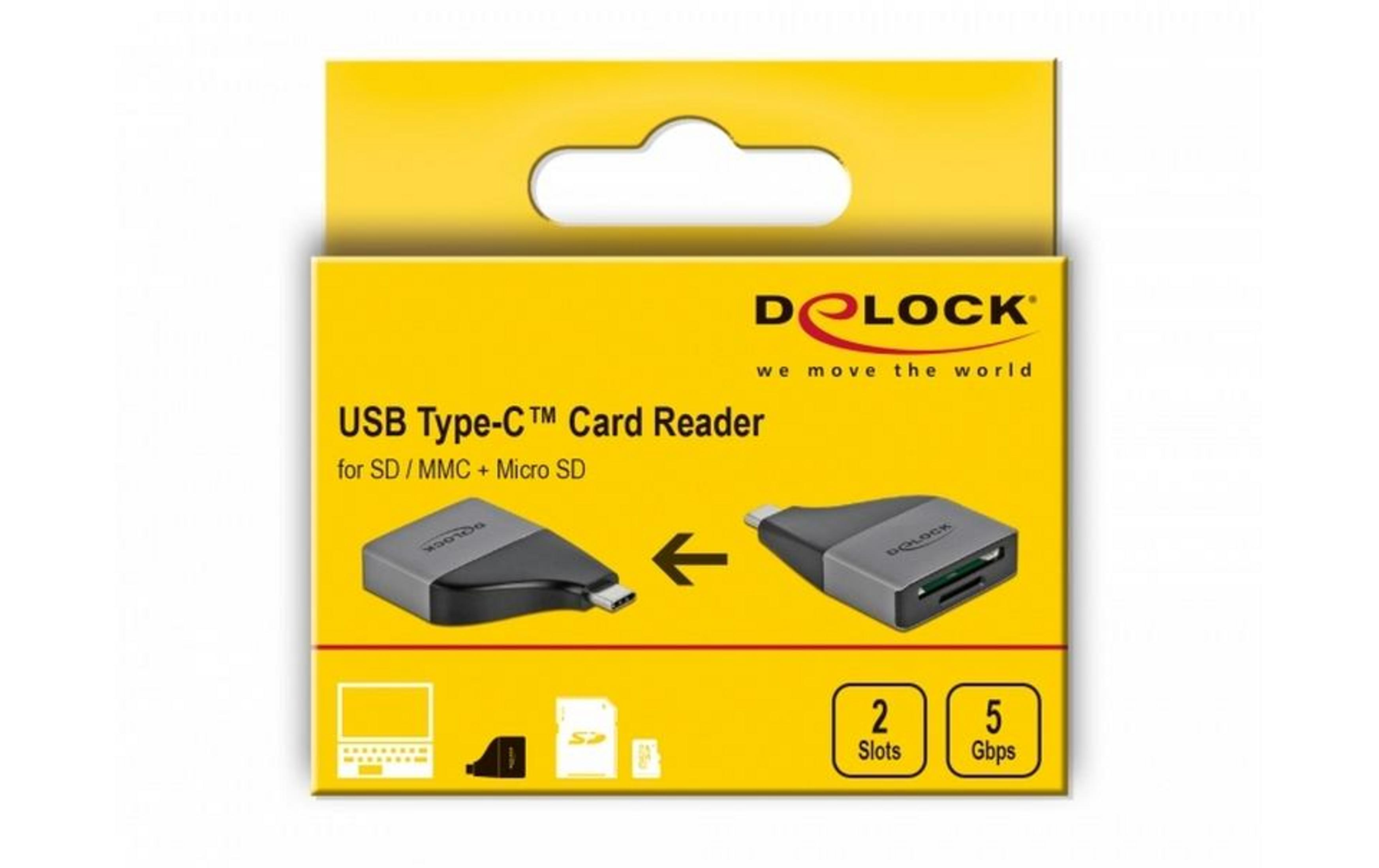 Lettore schede Delock USB-C per SD/MMC/Micro SD, 2 slot, 5 Gbps.