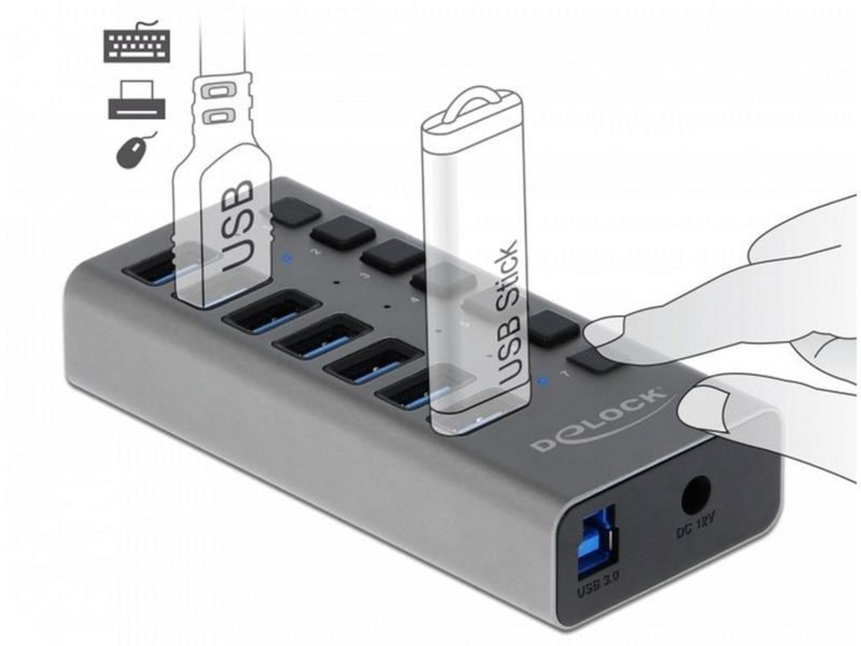 Grauer USB-Hub mit vielen Anschlõssen, Tastatur, Maus und USB-Stick