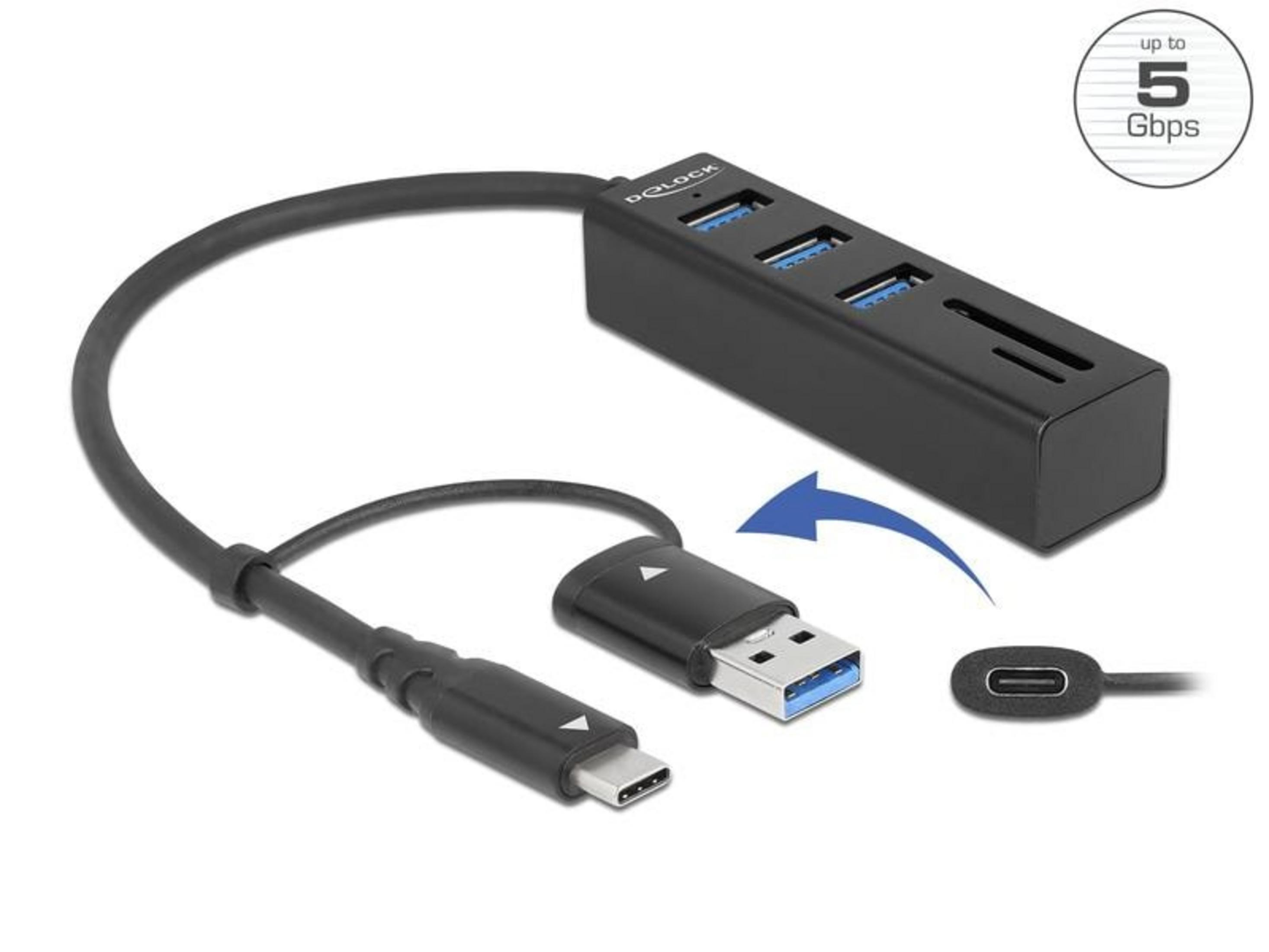 Schwarzer USB-C-Hub mit drei USB-A-Anschlüssen, SD-Kartensteckplätzen und USB-C-Kabel.