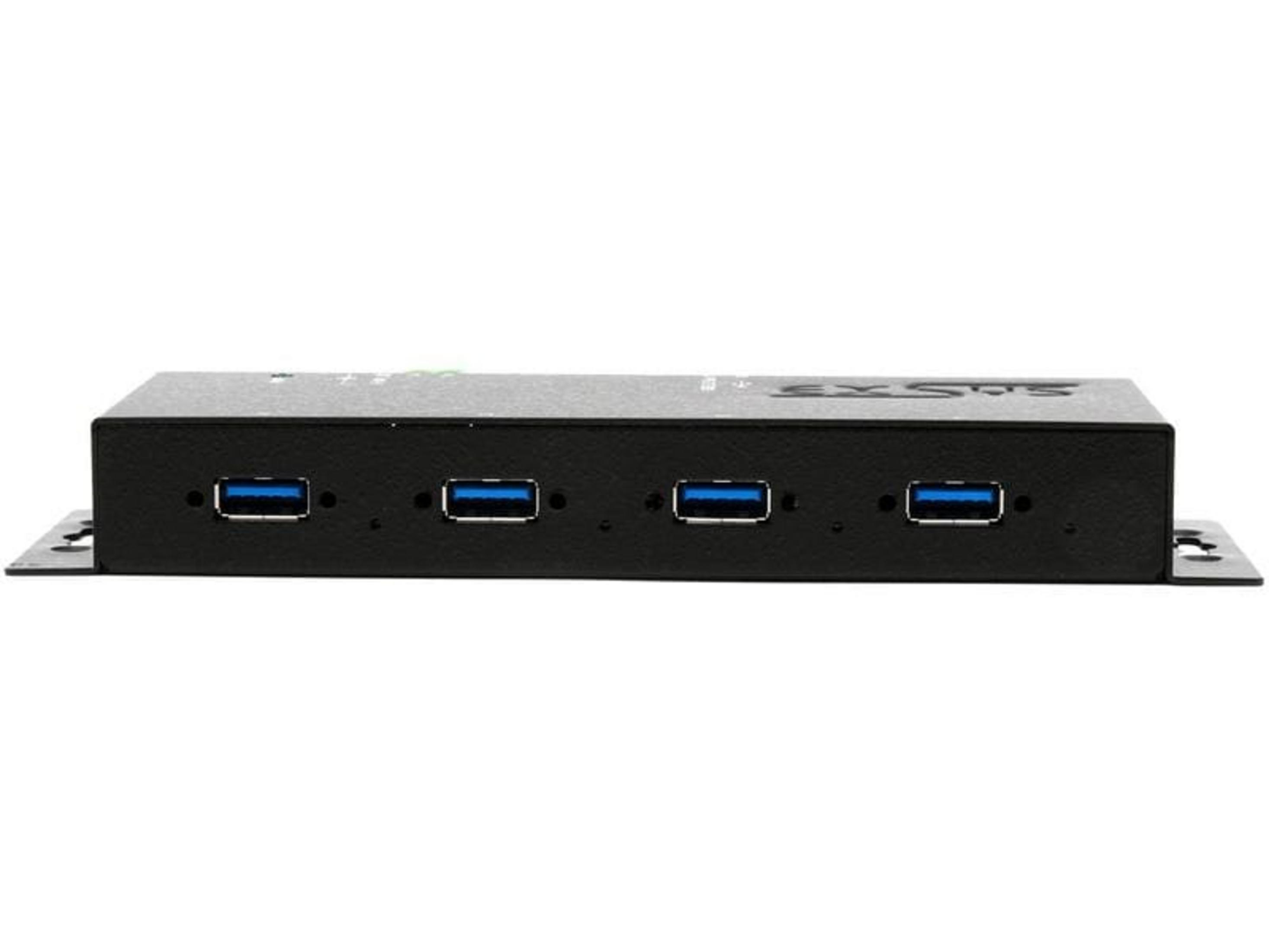 Hub USB nero con quattro porte USB 3.0 blu e staffe di montaggio.