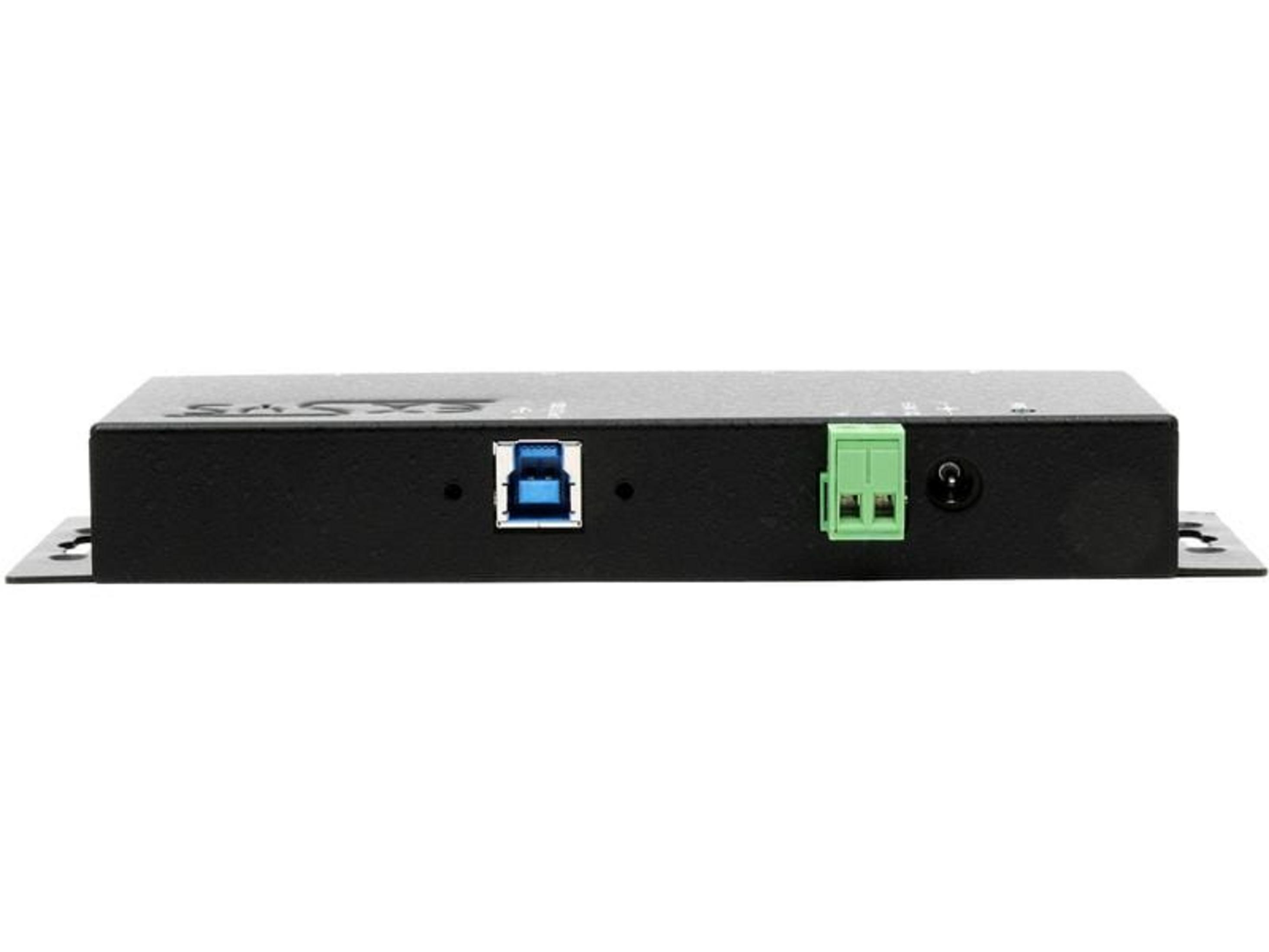 Contenitore nero con porta USB-A, morsetto verde e jack CC.