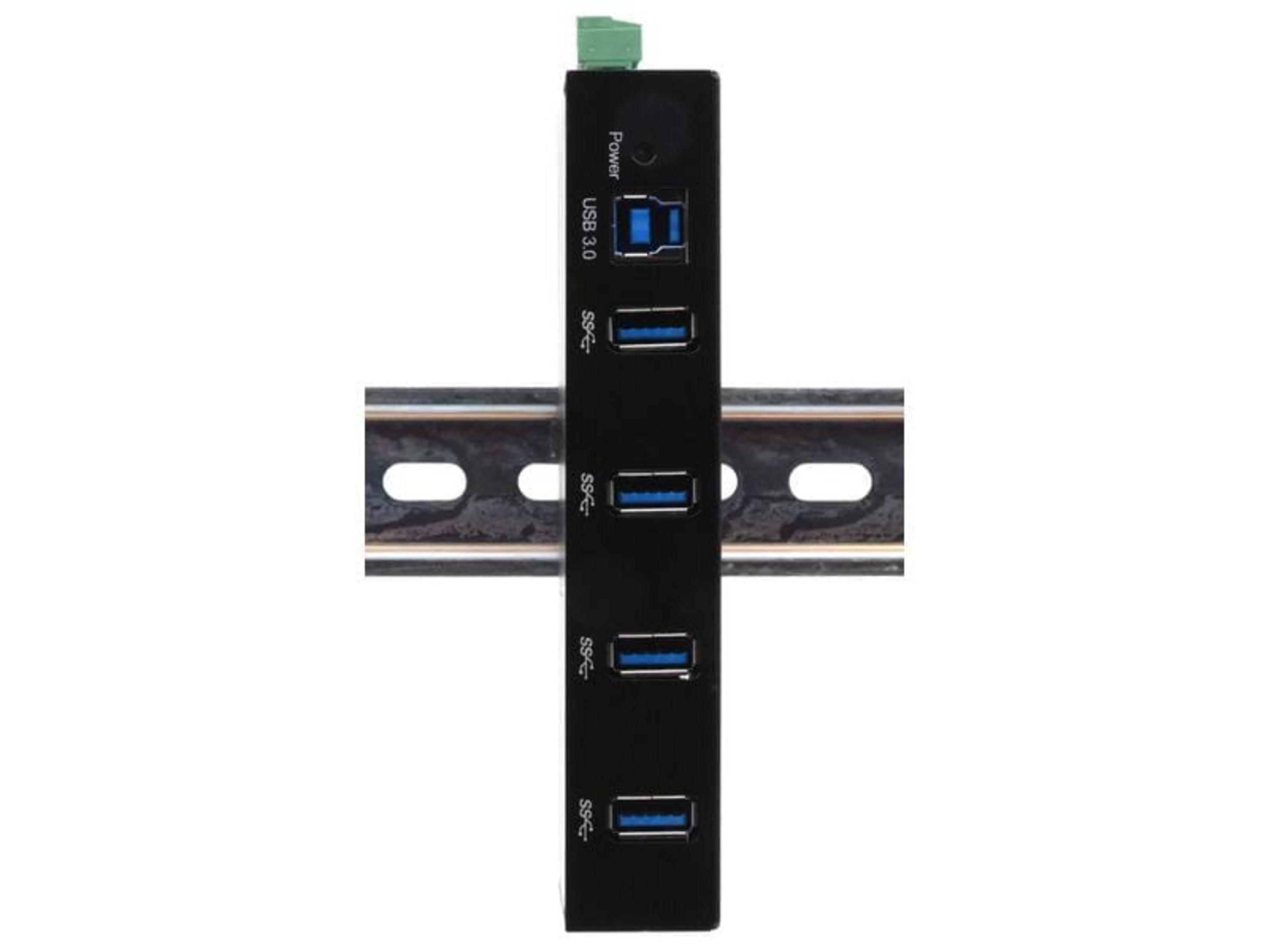 Hub USB nero multiporta montato su guida DIN.