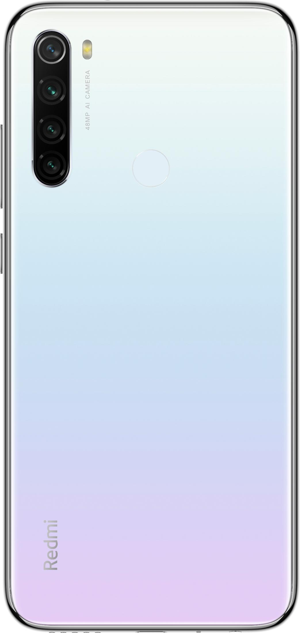 Rückseite eines weißen Smartphones mit vier Kameras und dem Redmi-Logo.