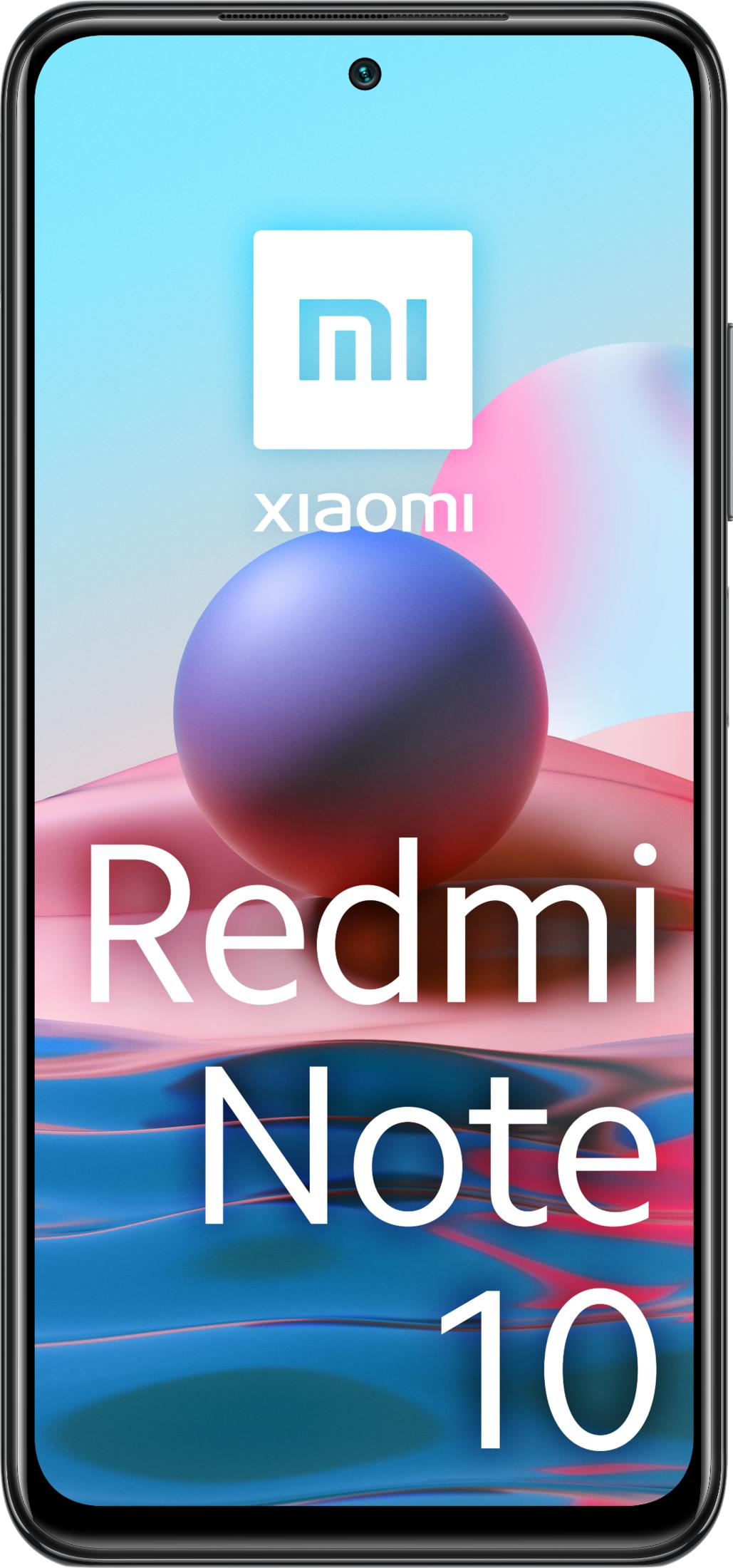 Smartfon Xiaomi Redmi Note 10 z niebiesko-różową grafiką tła.