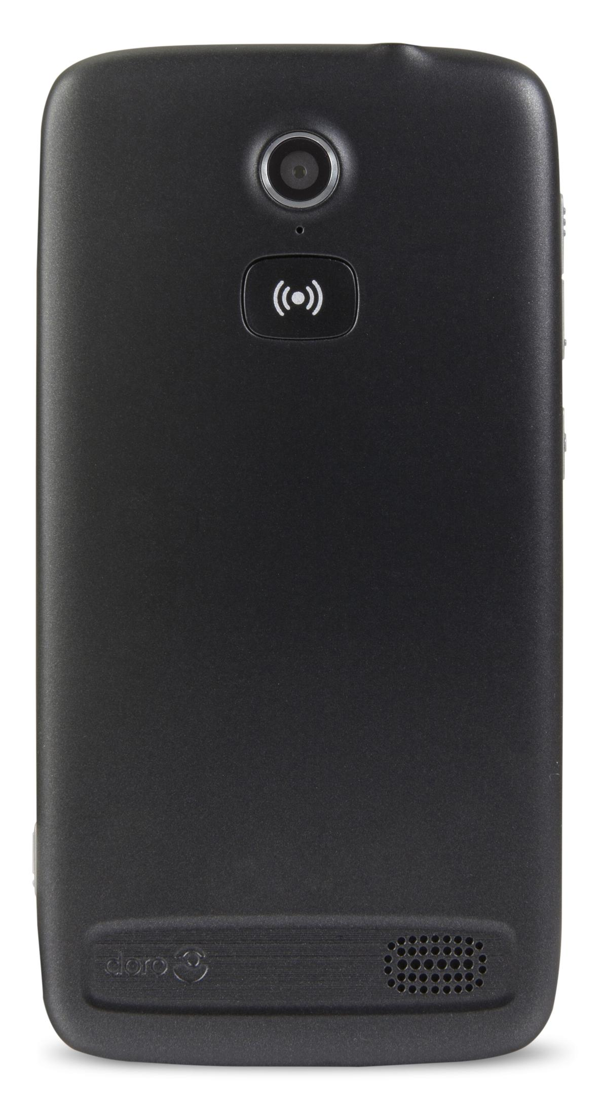 Rückseite eines schwarzen Telefons mit Kamera, WLAN-Symbol und Lautsprecher.