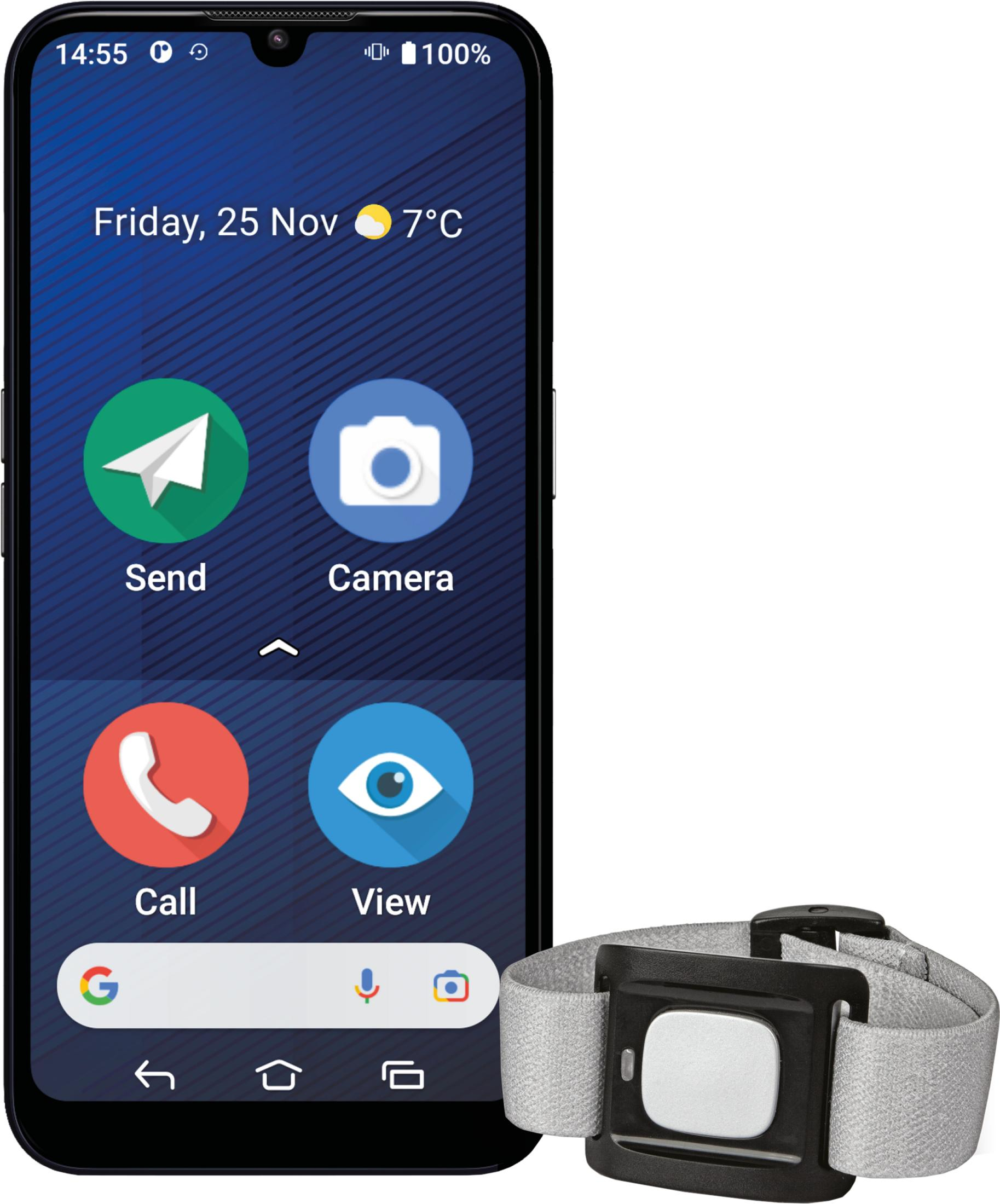 Smartphone mit Notrufarmband. Anzeige zeigt Datum, Uhrzeit, Wetter und App-Symbole.